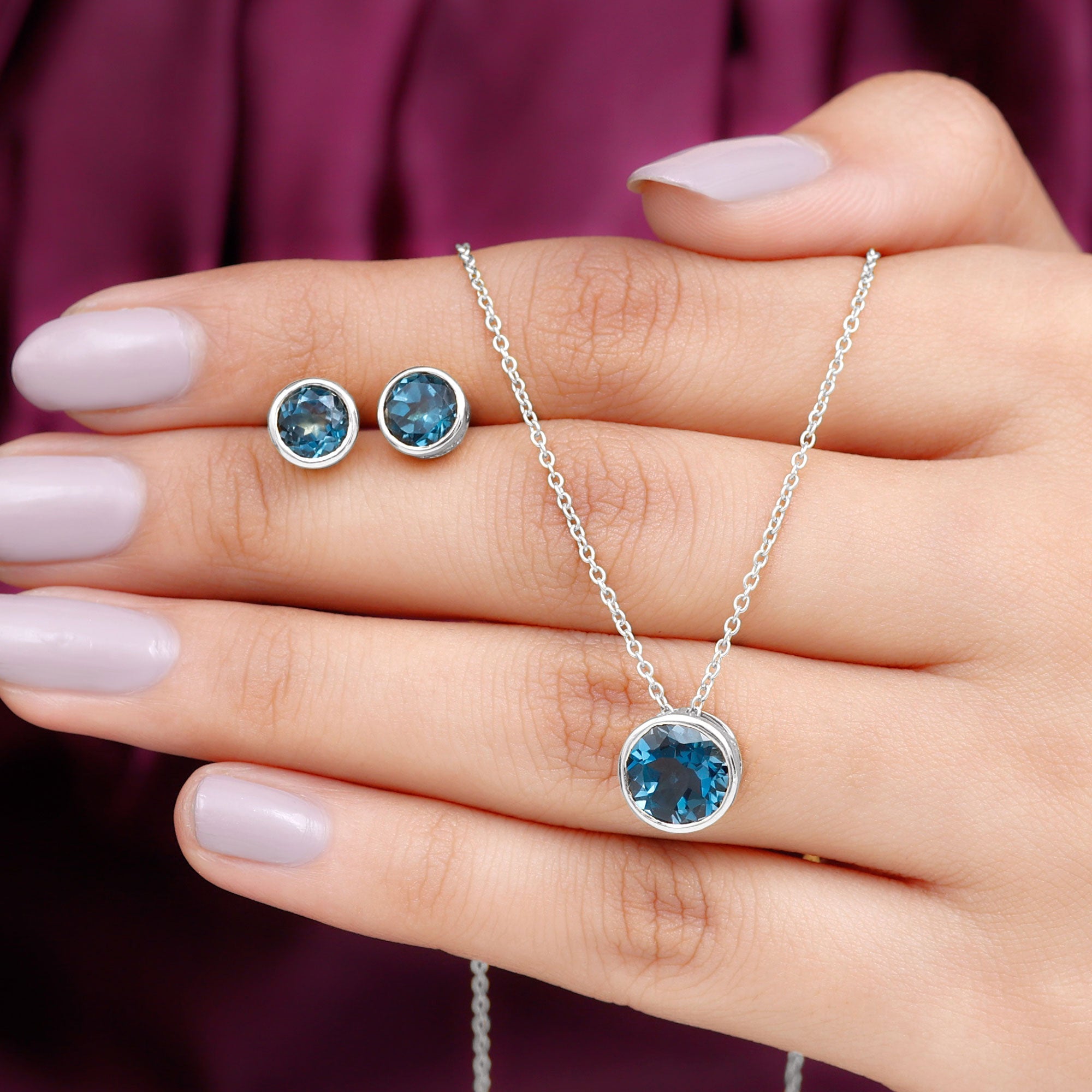 4.7 Carat Round London Blue Topaz Solitaire Jewelry Set in Bezel Setting