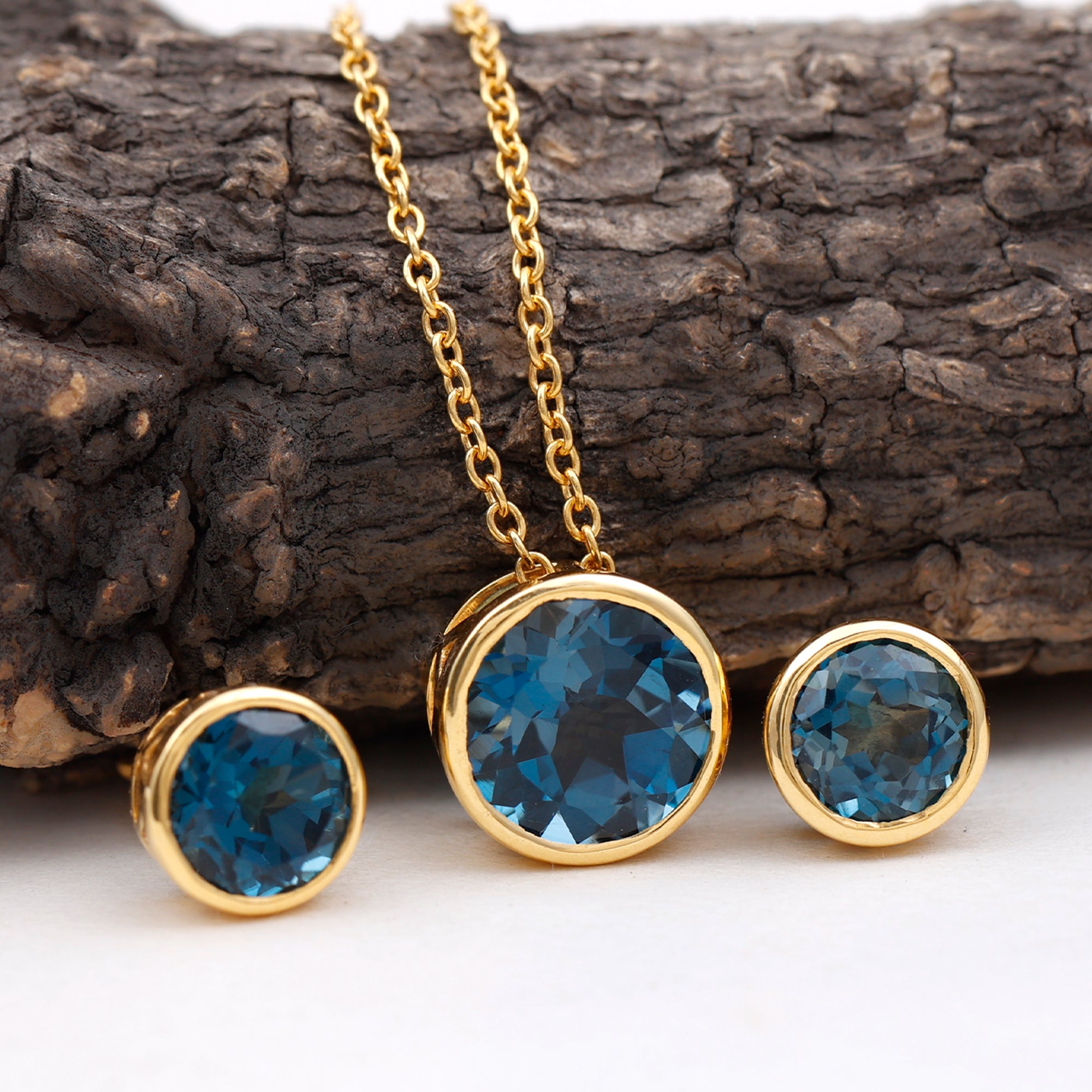 4.7 Carat Round London Blue Topaz Solitaire Jewelry Set in Bezel Setting