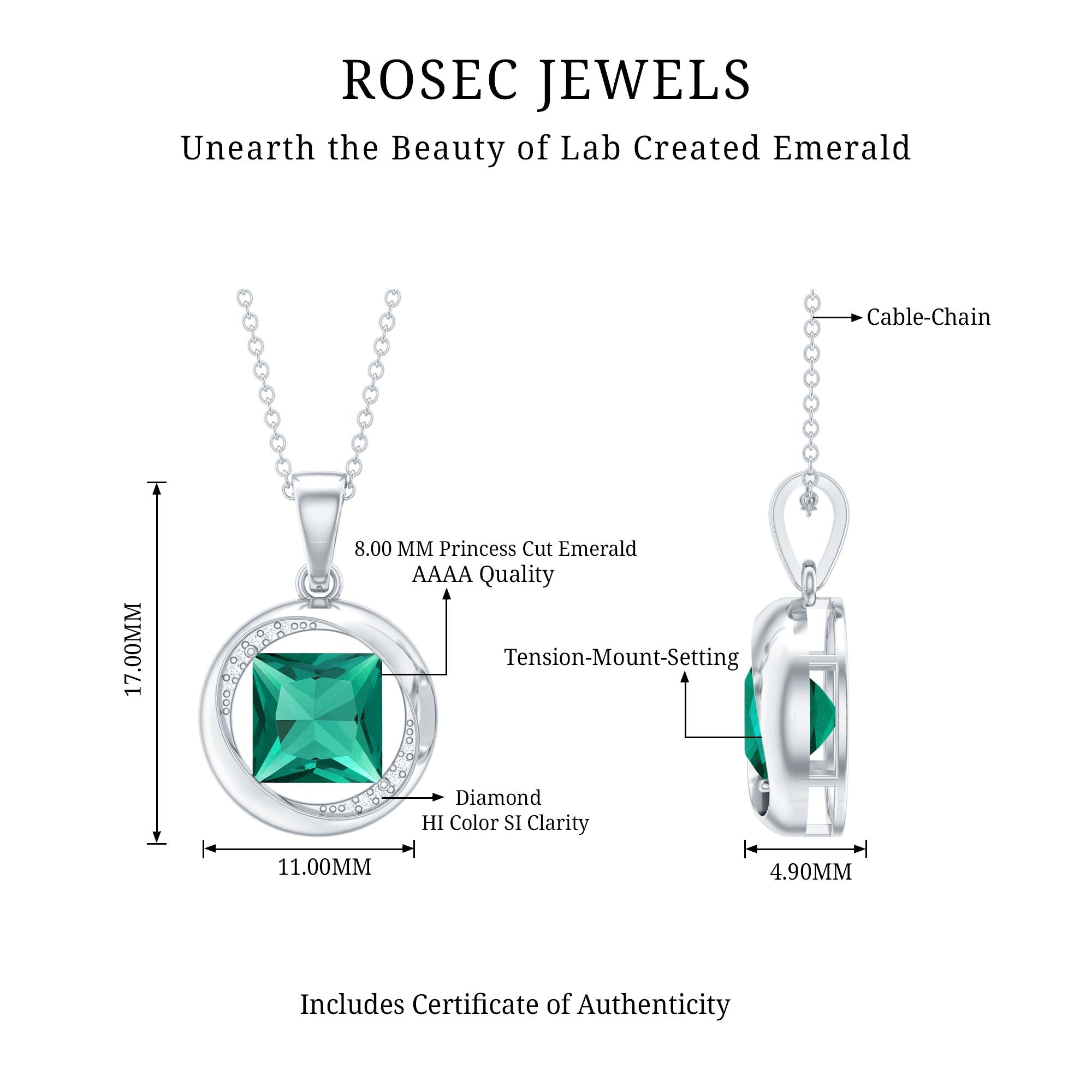 Created Emerald Solitaire Pendant Necklace with Diamond