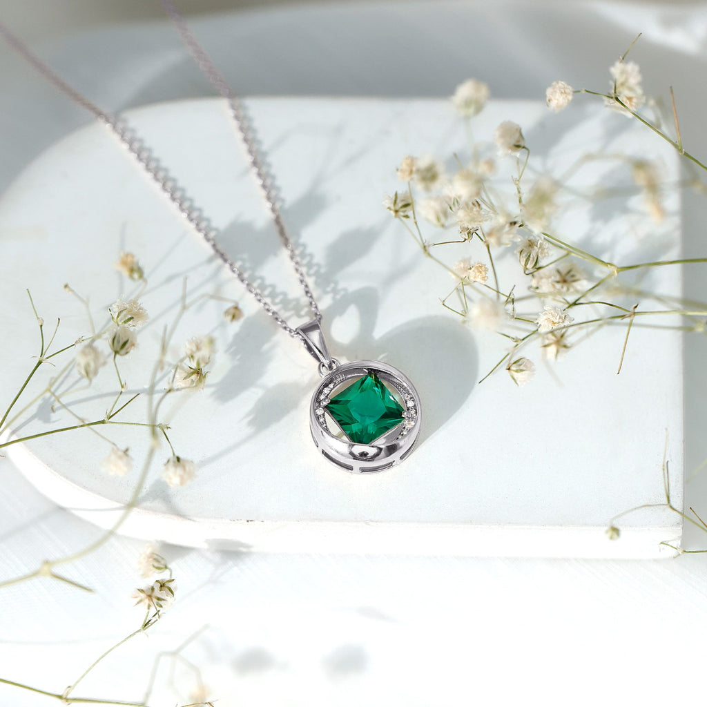Created Emerald Solitaire Pendant Necklace with Diamond