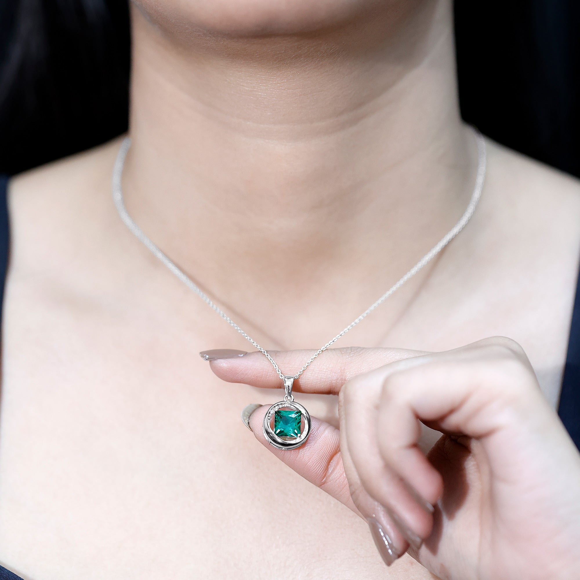 Created Emerald Solitaire Pendant Necklace with Diamond