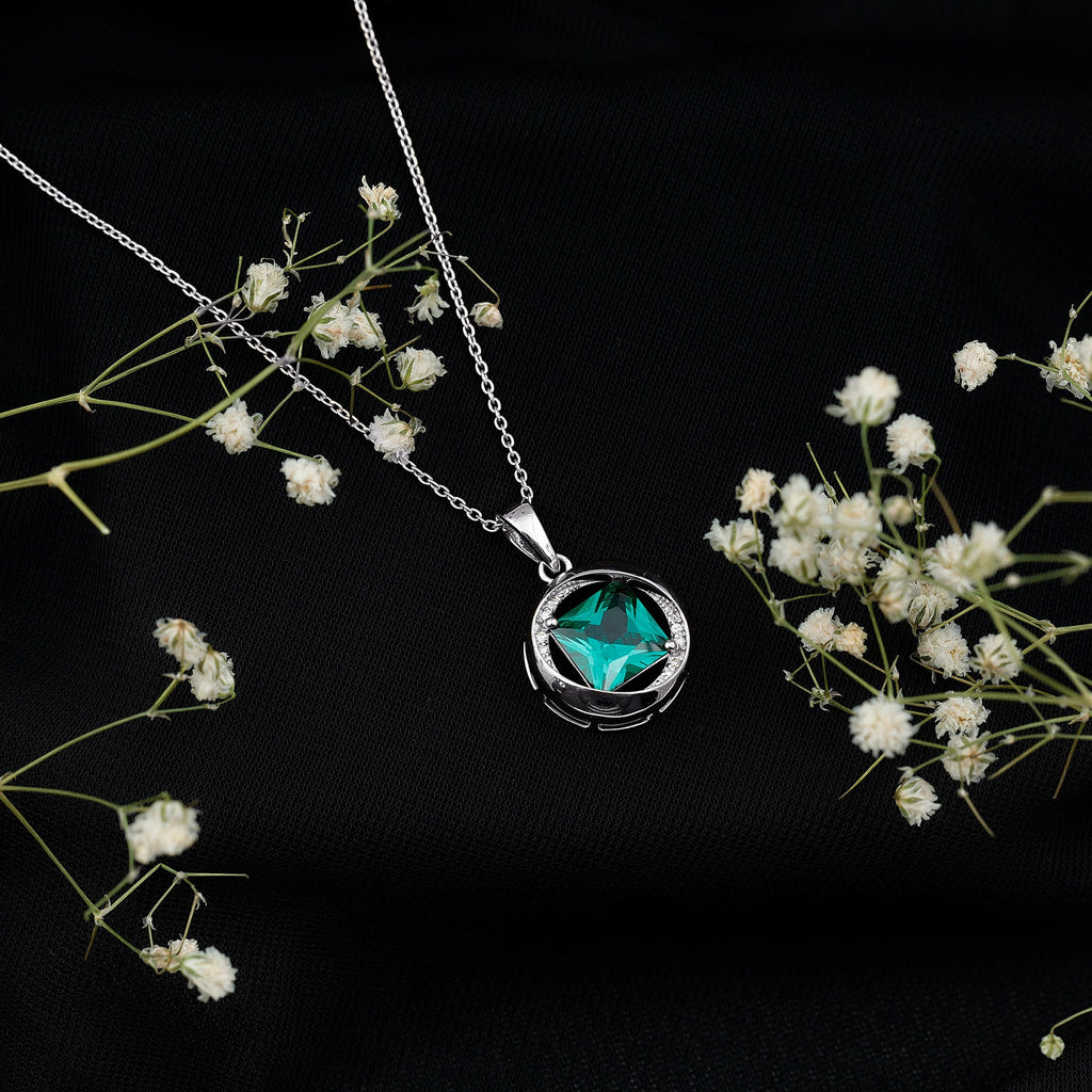 Created Emerald Solitaire Pendant Necklace with Diamond