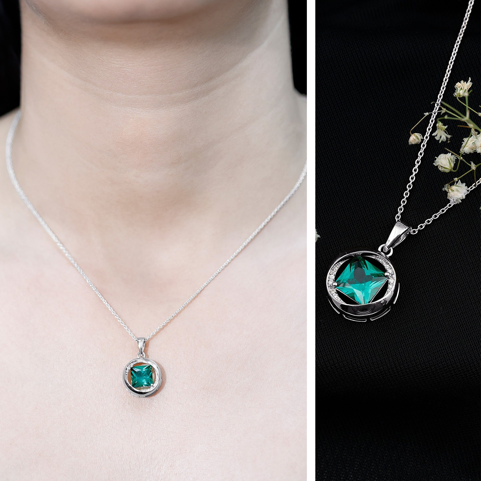 Created Emerald Solitaire Pendant Necklace with Diamond