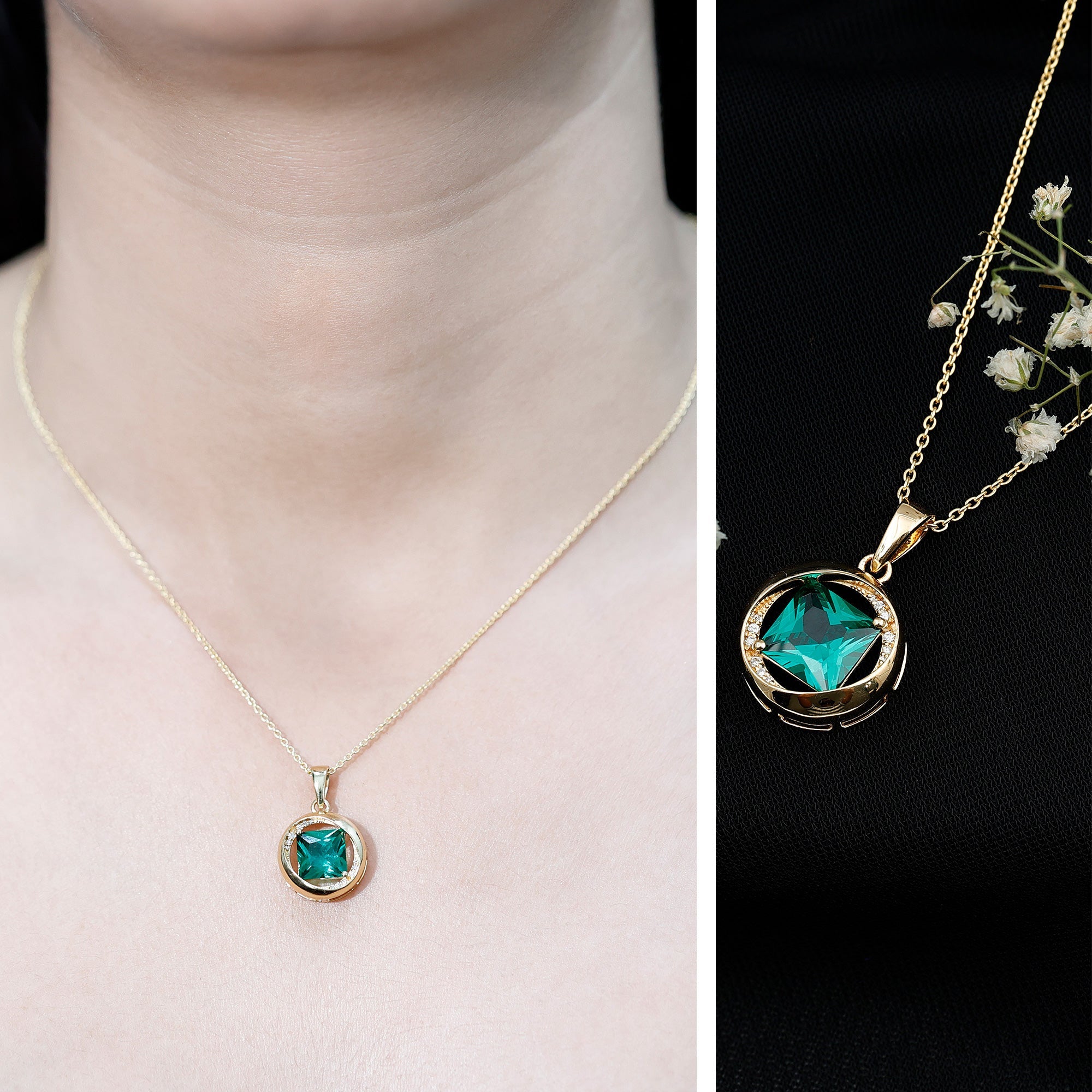 Created Emerald Solitaire Pendant Necklace with Diamond