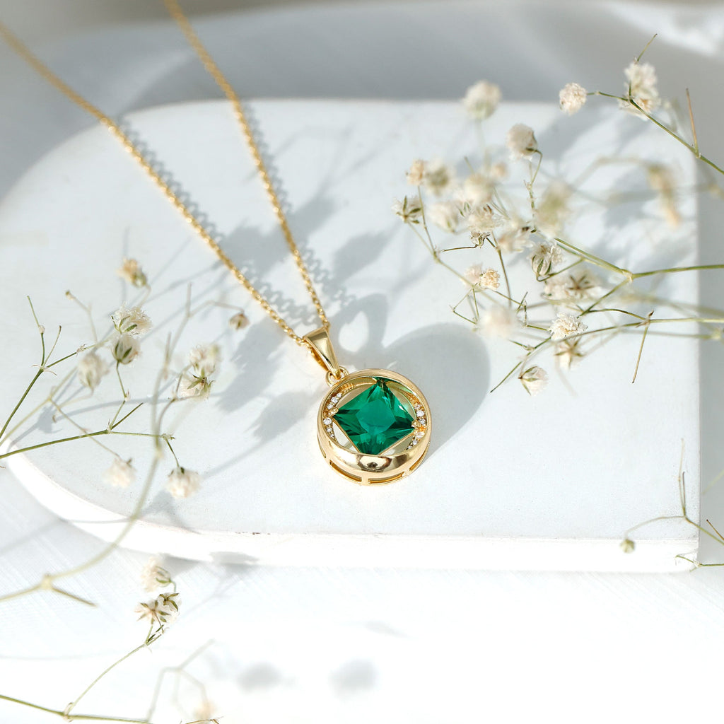 Created Emerald Solitaire Pendant Necklace with Diamond