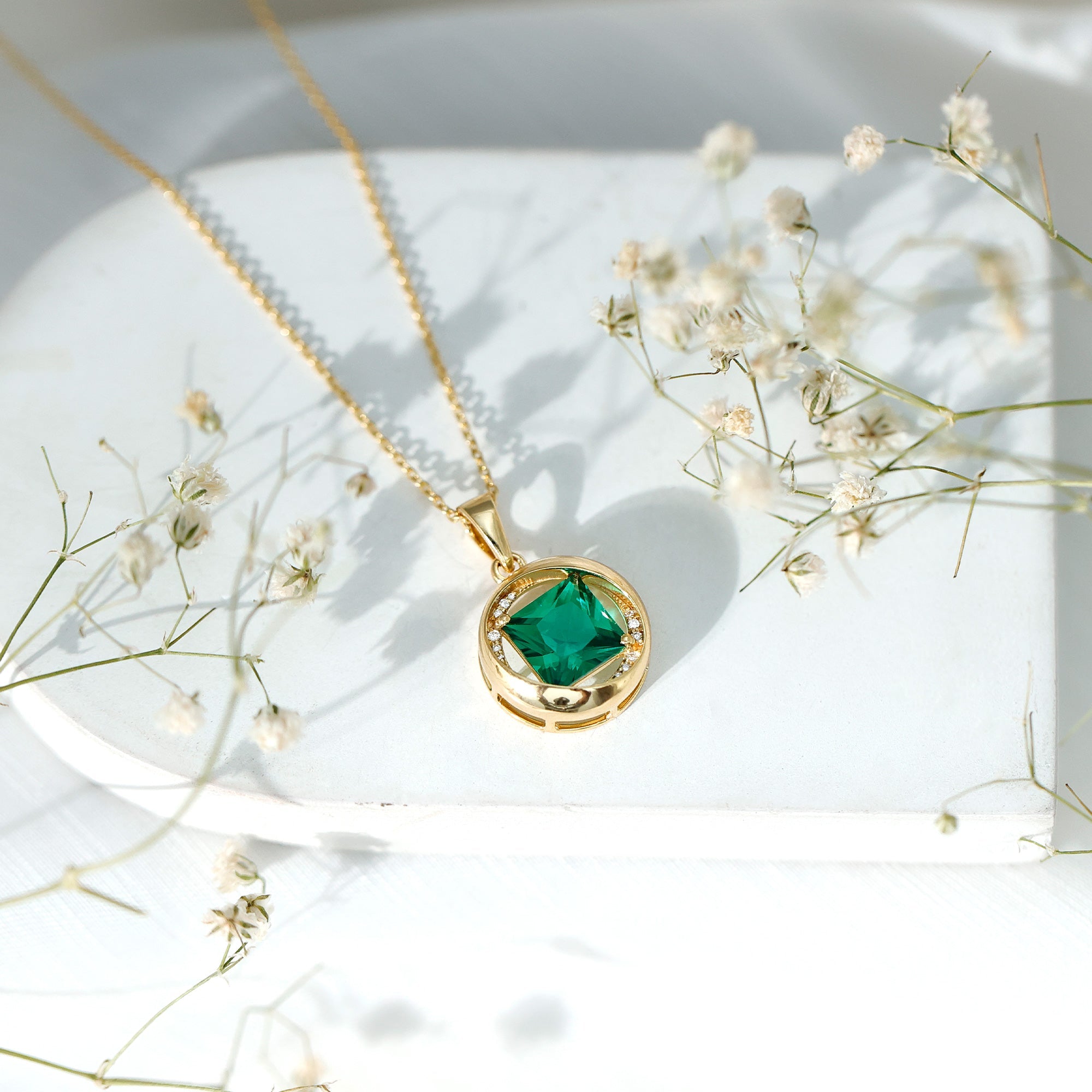 Created Emerald Solitaire Pendant Necklace with Diamond