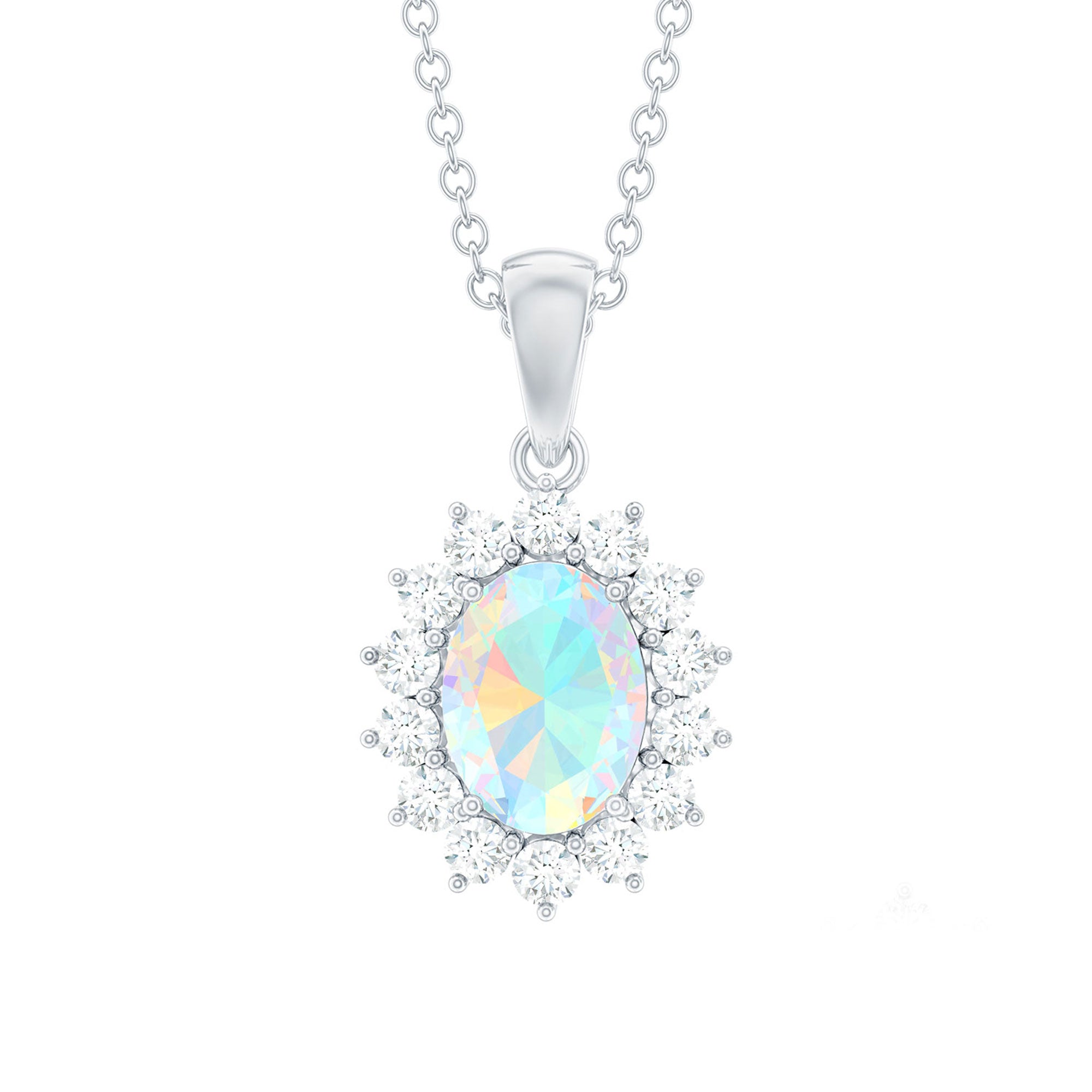 Real 1.9 Carat Ethiopian Opal Halo Necklace With Silver Chain