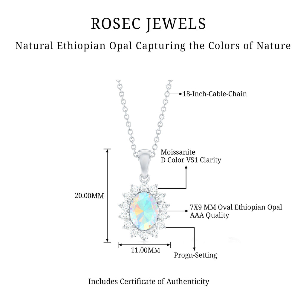 Real 1.9 Carat Ethiopian Opal Halo Necklace With Silver Chain