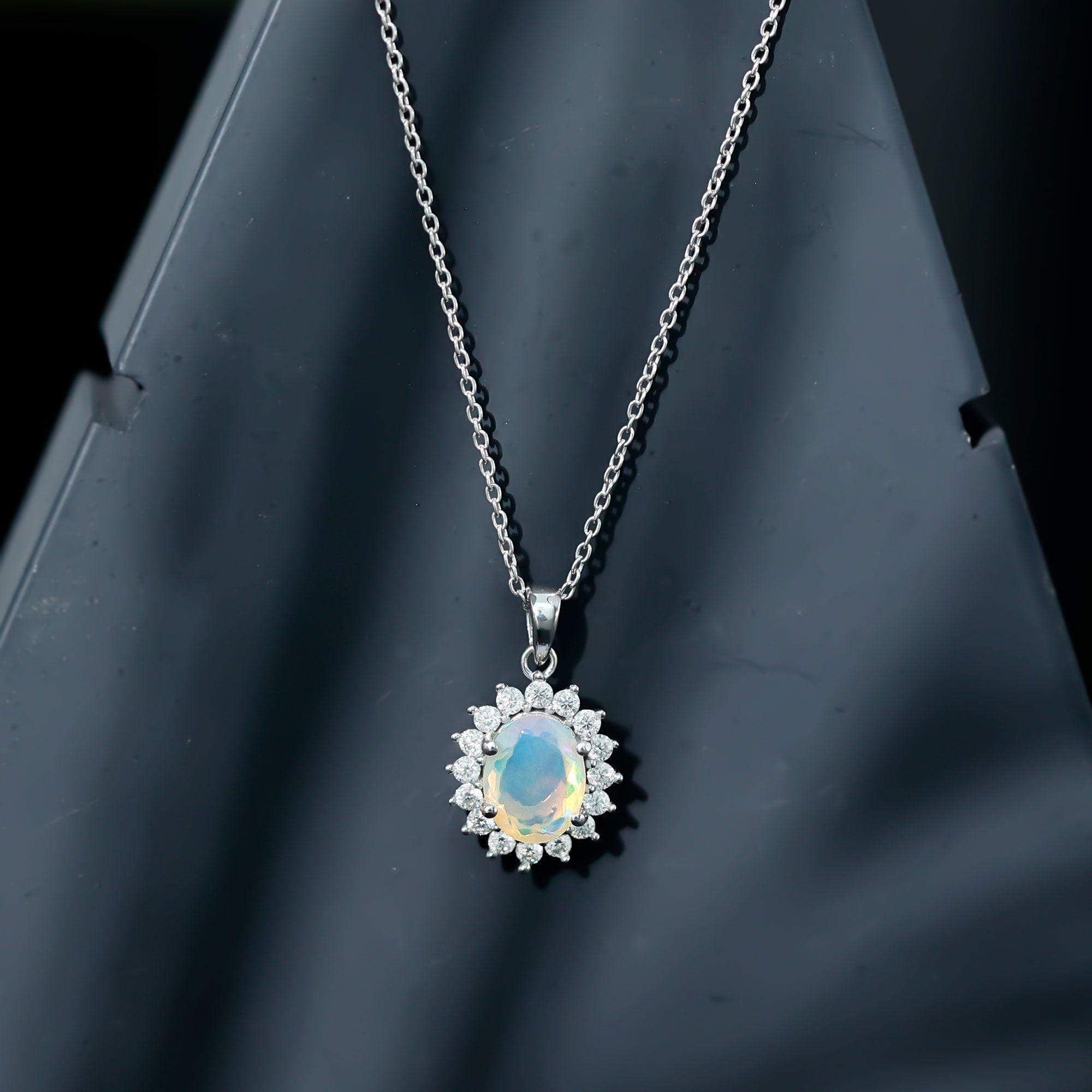 Real 1.9 Carat Ethiopian Opal Halo Necklace With Silver Chain