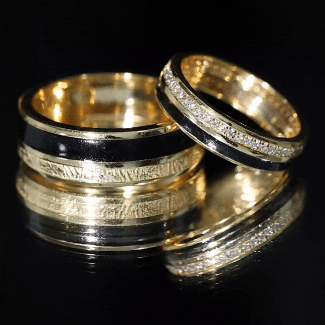 Real Diamond Couple Band Ring Set with Black Enamel
