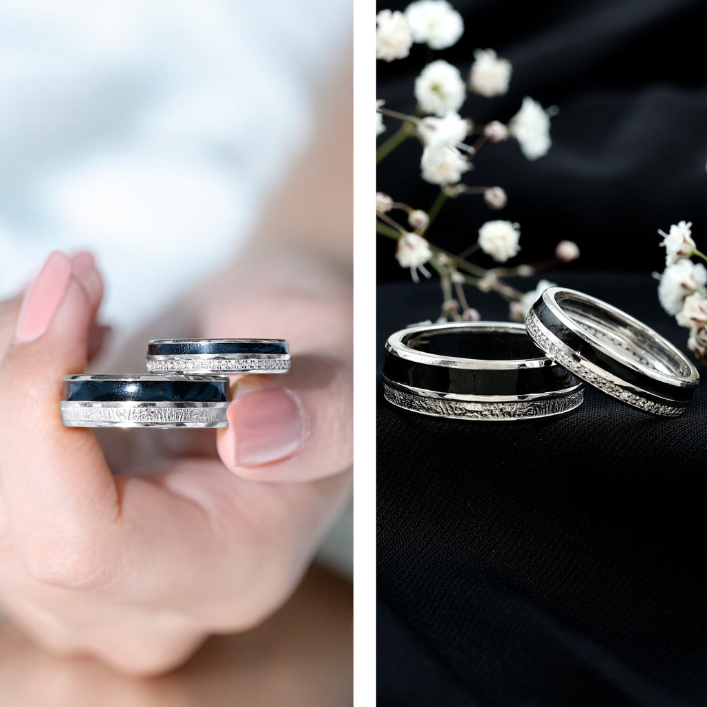 Real Diamond Couple Band Ring Set with Black Enamel