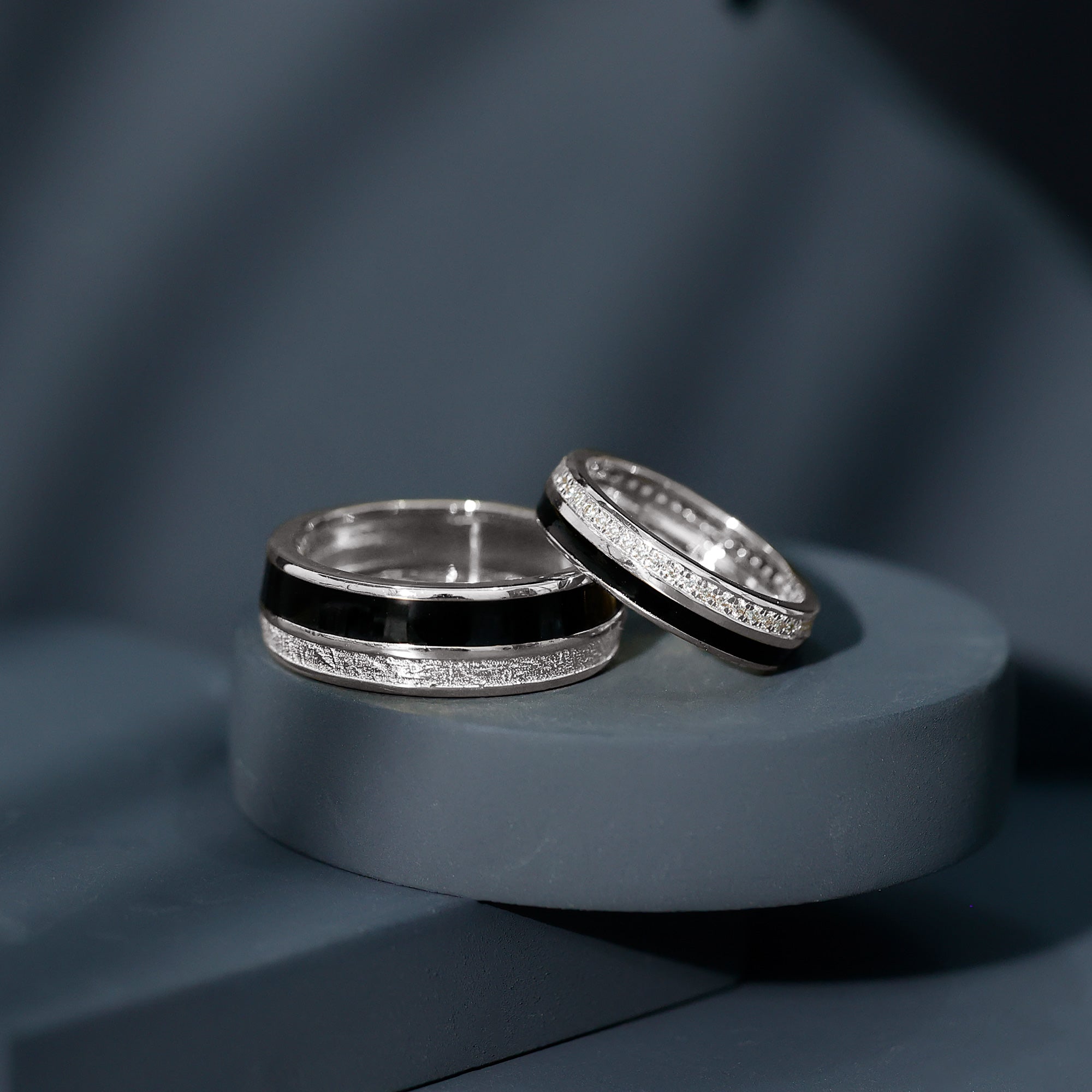 Real Diamond Couple Band Ring Set with Black Enamel