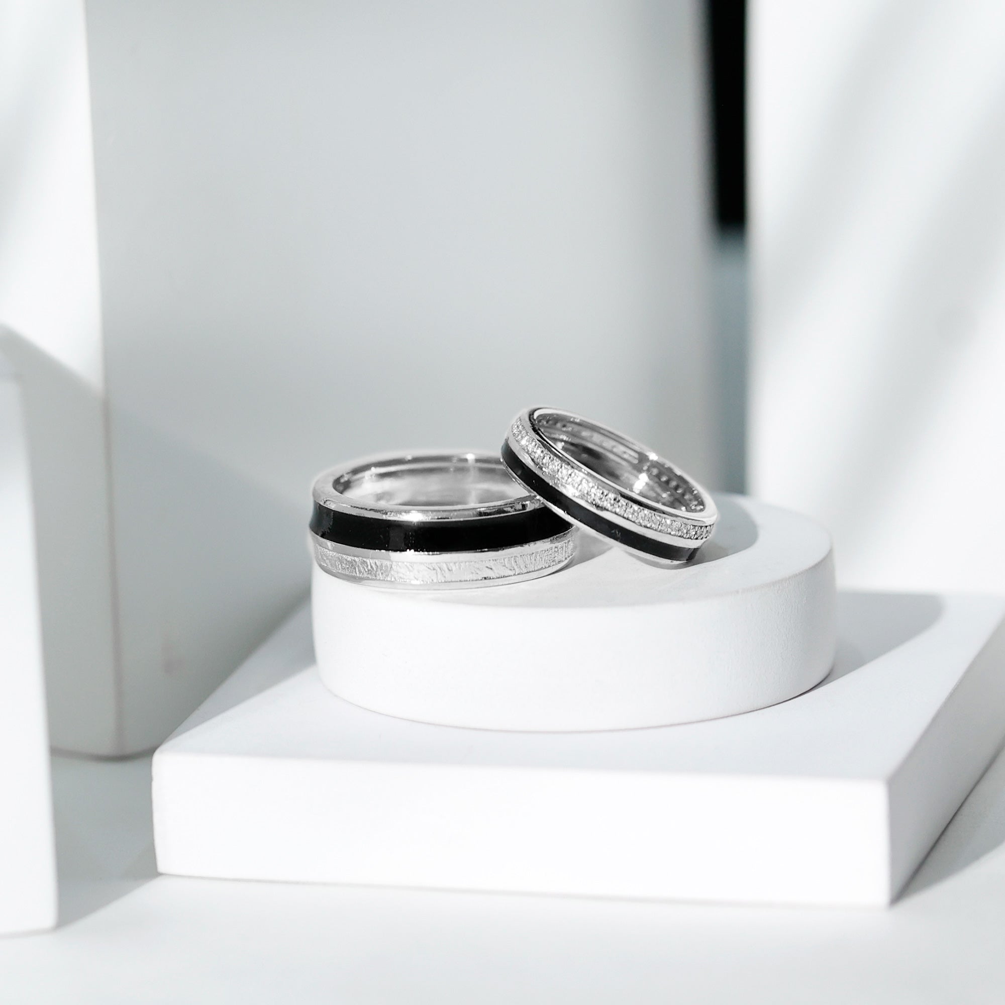 Real Diamond Couple Band Ring Set with Black Enamel