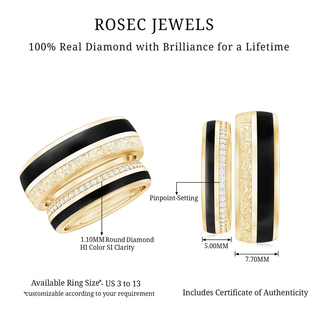 Real Diamond Couple Band Ring Set with Black Enamel