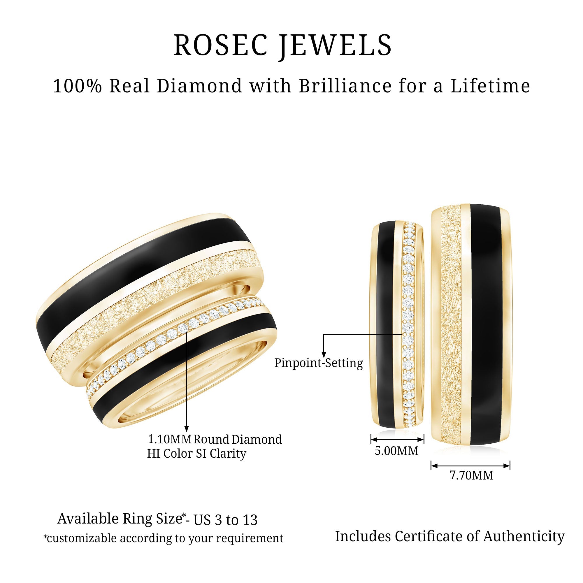 Real Diamond Couple Band Ring Set with Black Enamel