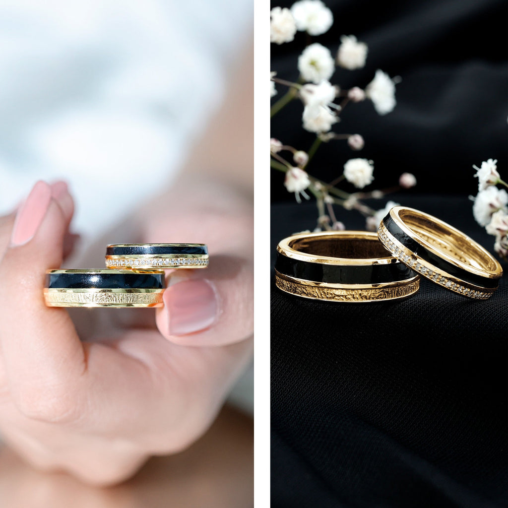 Real Diamond Couple Band Ring Set with Black Enamel