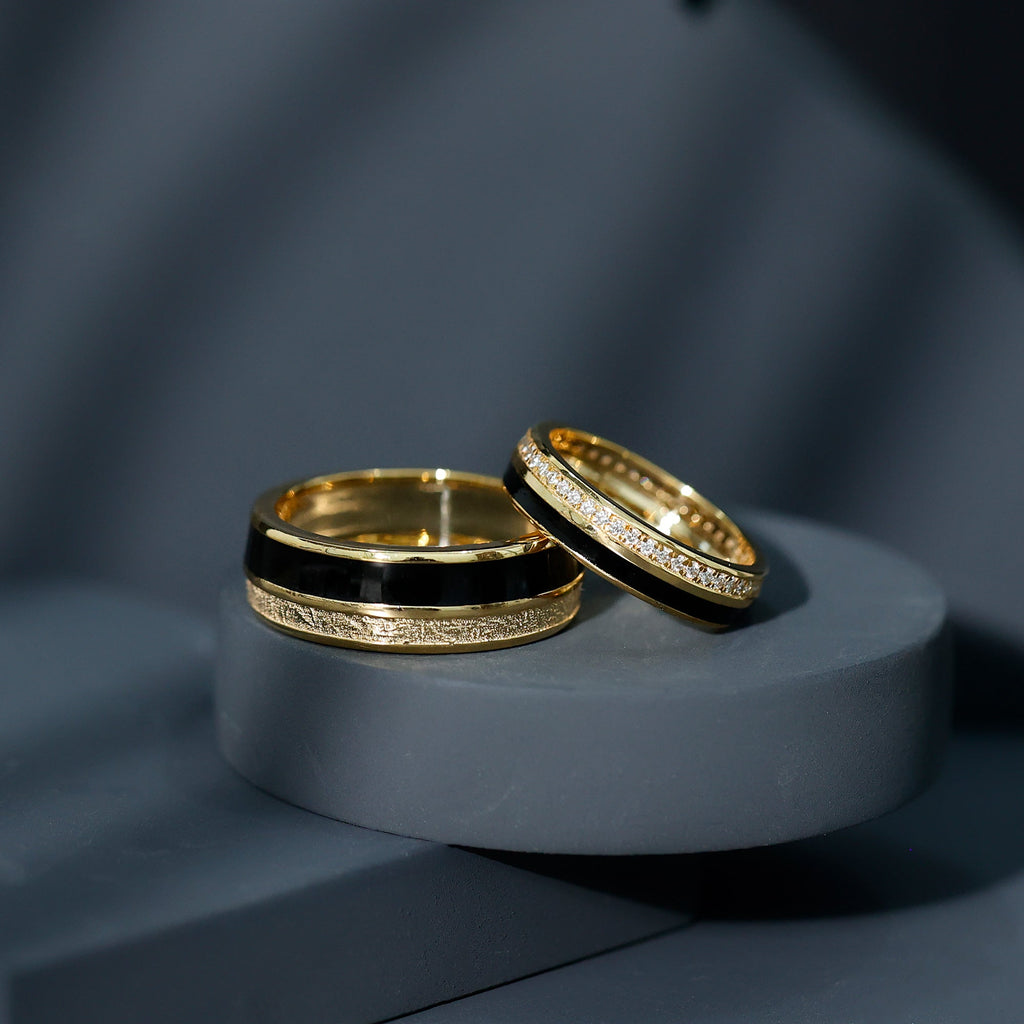 Real Diamond Couple Band Ring Set with Black Enamel