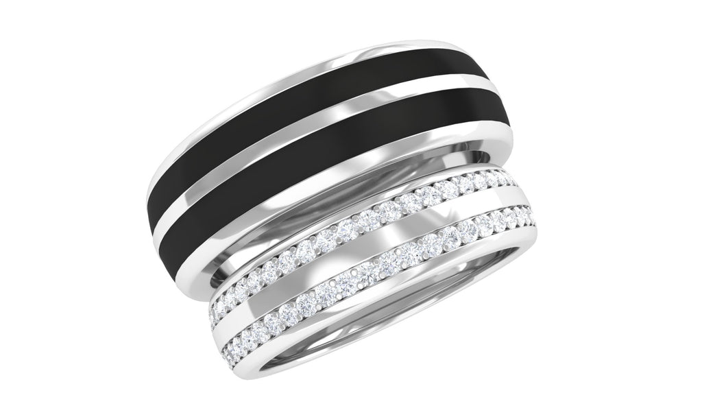 Diamond Couple Band Ring Set with Black Enamel