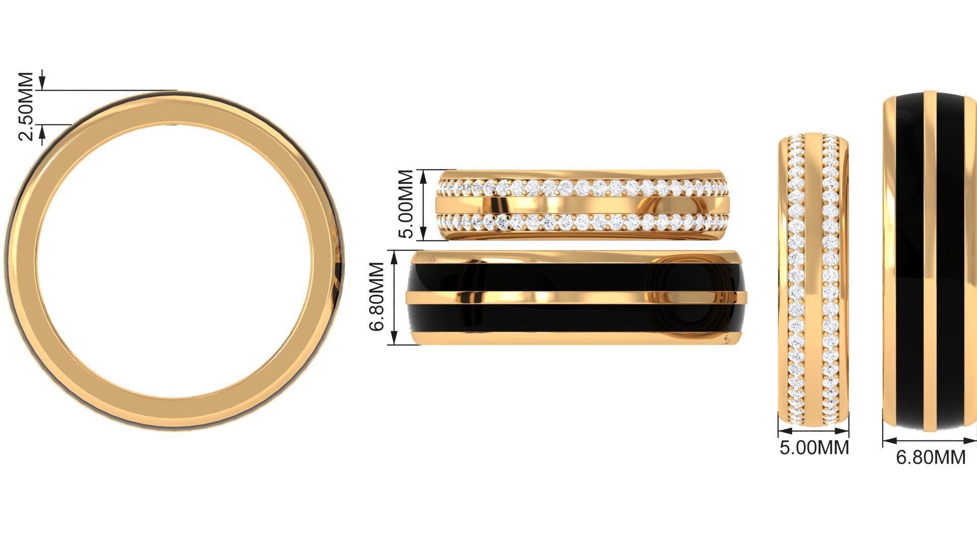 Diamond Couple Band Ring Set with Black Enamel