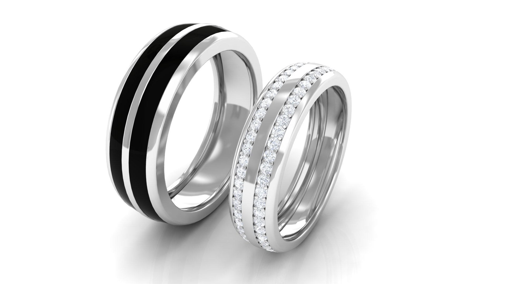 Diamond Couple Band Ring Set with Black Enamel