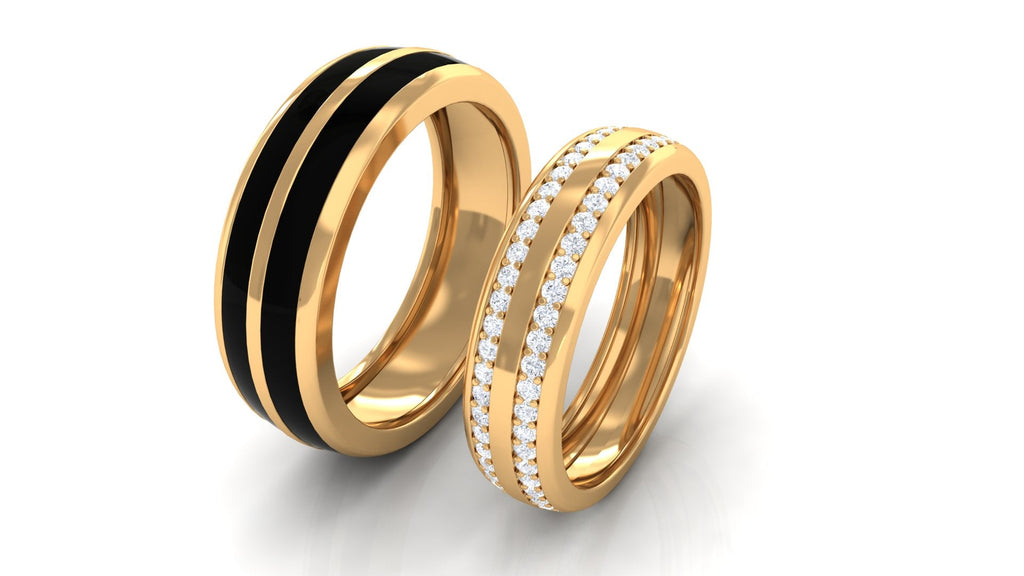 Diamond Couple Band Ring Set with Black Enamel