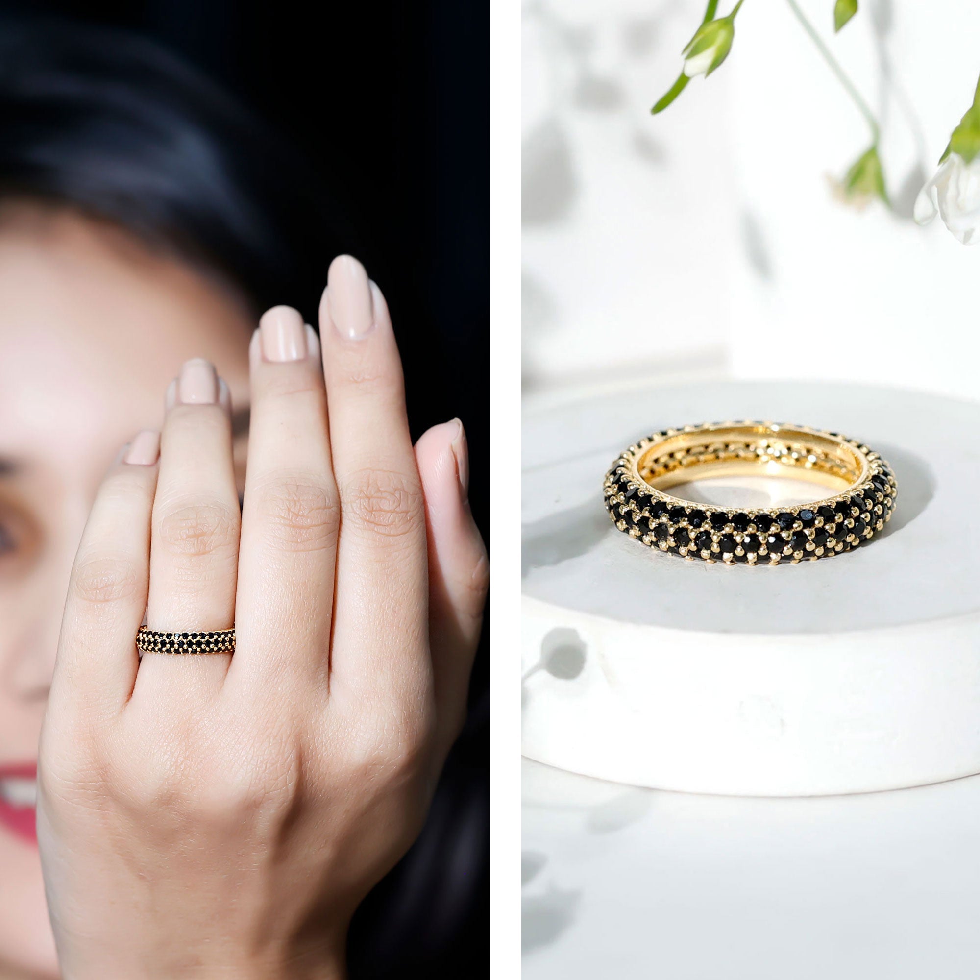2 CT Lab Created Black Diamond Three Row Full Eternity Ring
