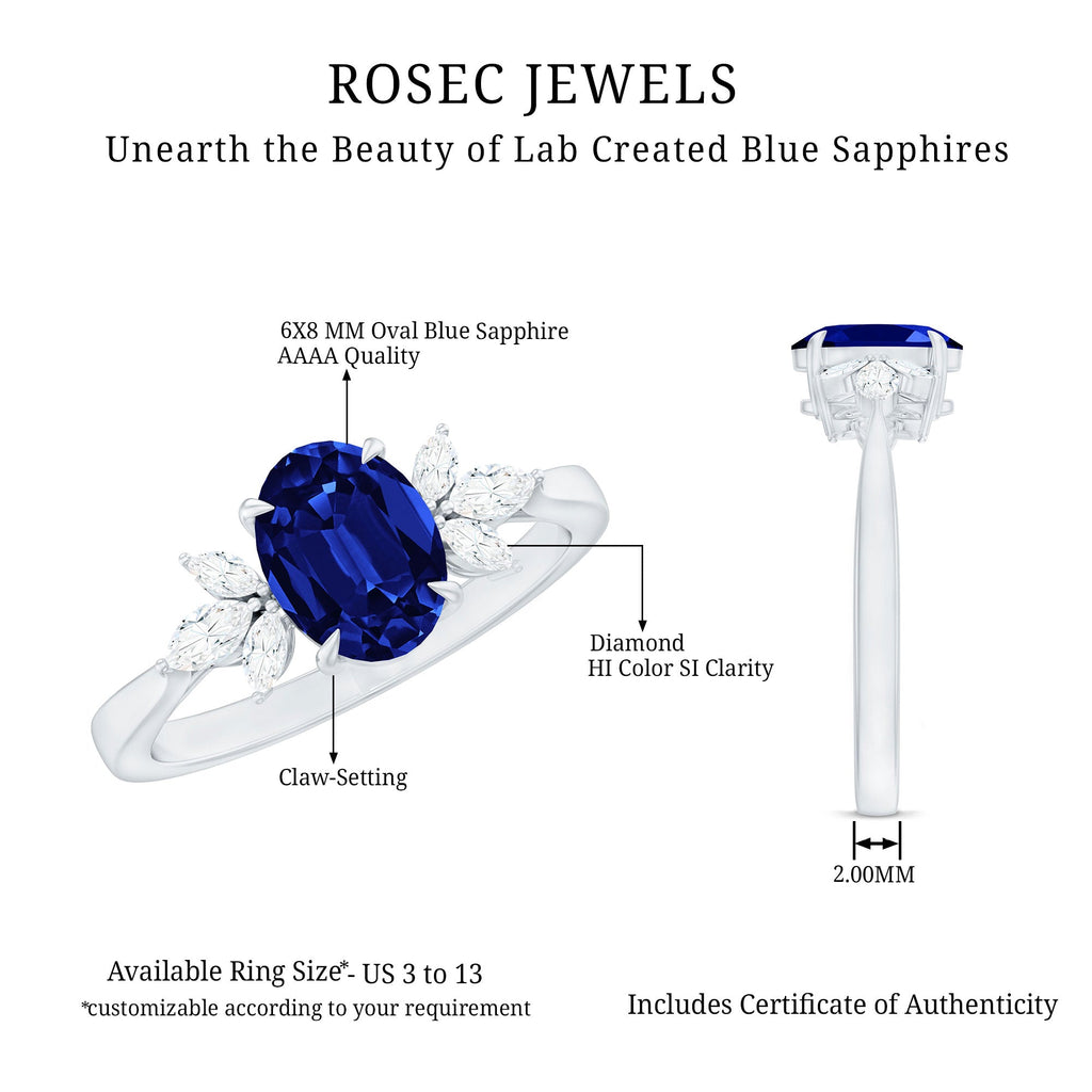 Certified 1.5 Carat Oval Lab Grown Blue Sapphire Engagement Ring with Diamond Trio