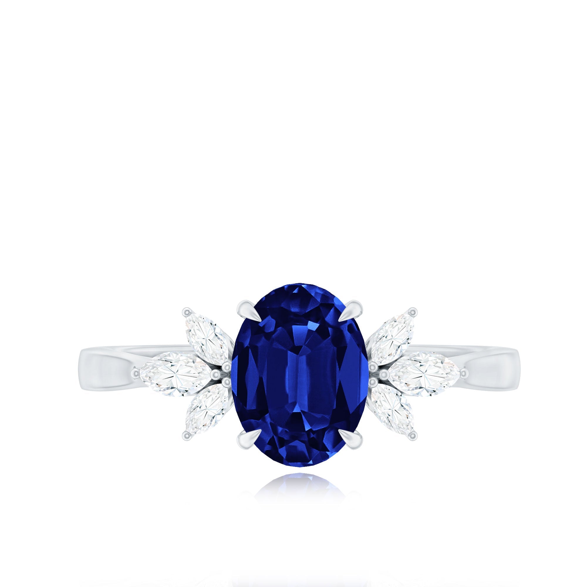Certified 1.5 Carat Oval Lab Grown Blue Sapphire Engagement Ring with Diamond Trio