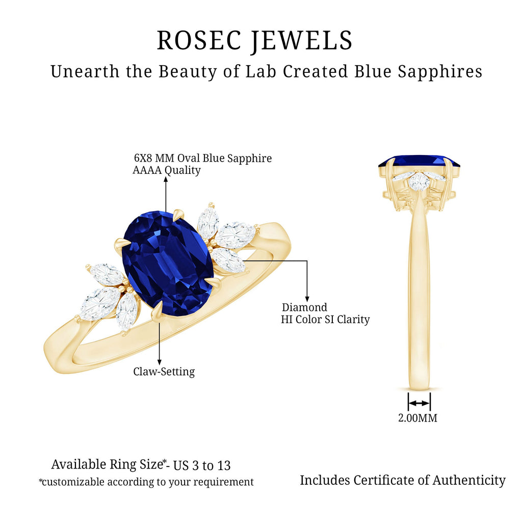 Certified 1.5 Carat Oval Lab Grown Blue Sapphire Engagement Ring with Diamond Trio
