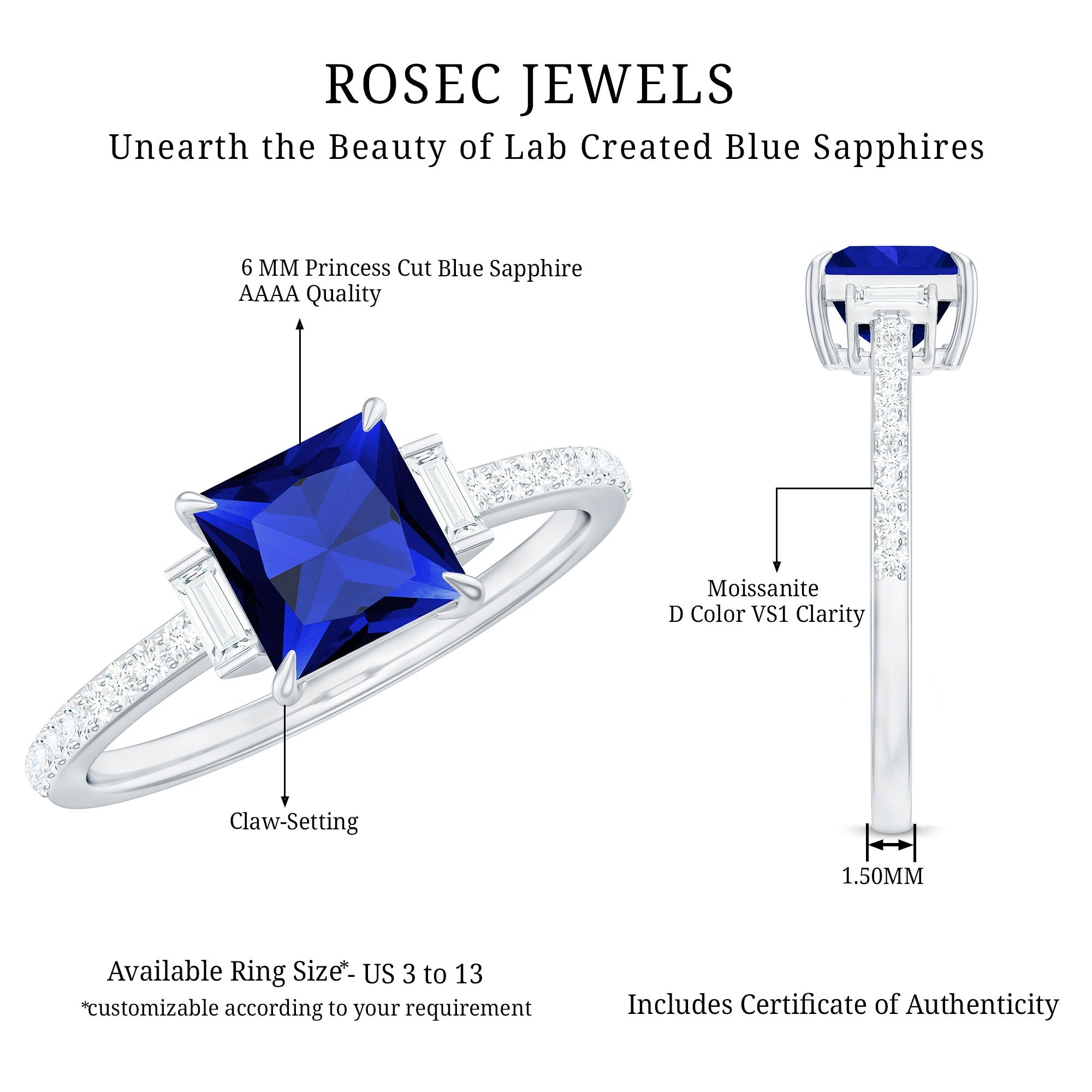Princess Cut Created Blue Sapphire Solitaire Engagement Ring With Moissanite
