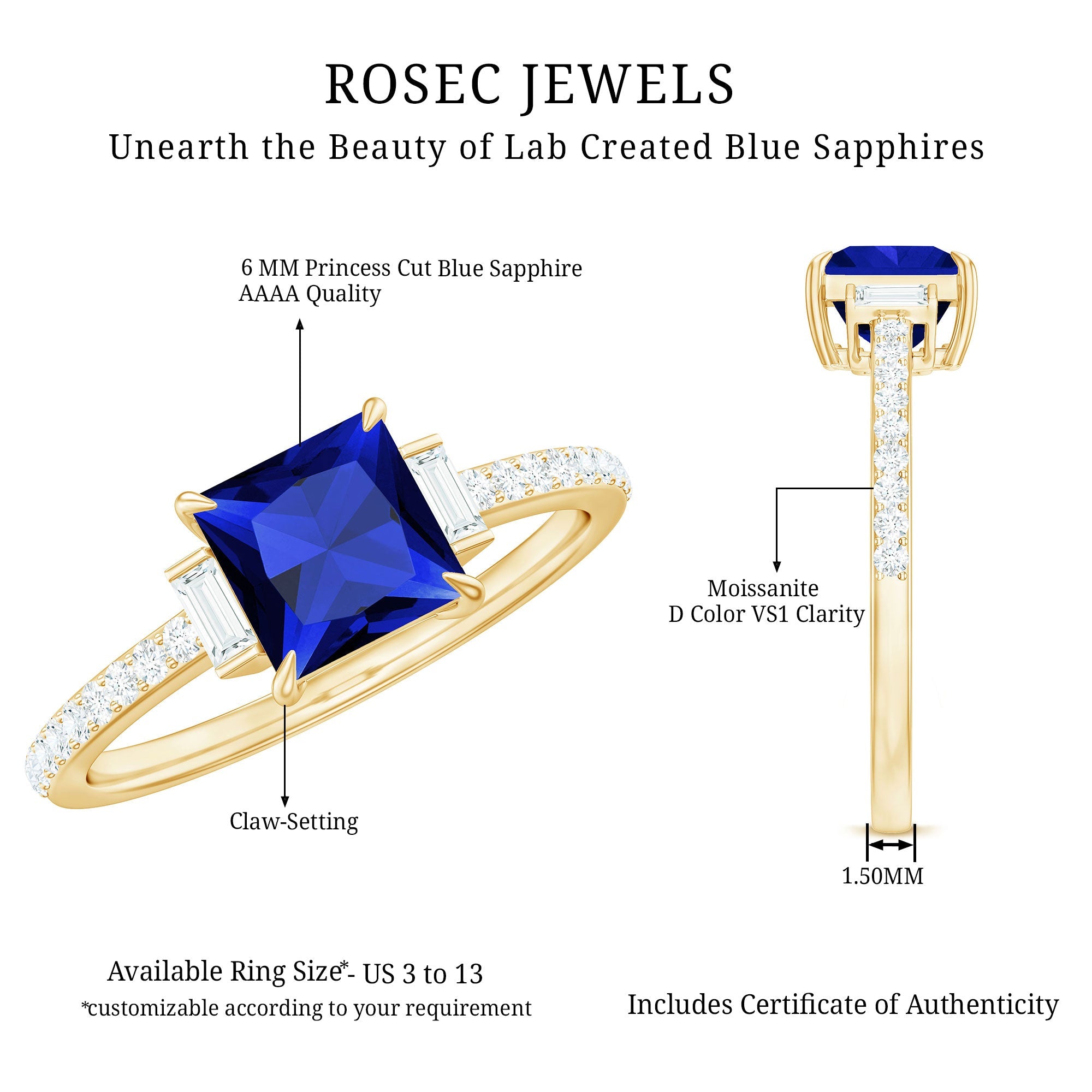 Princess Cut Created Blue Sapphire Solitaire Engagement Ring With Moissanite