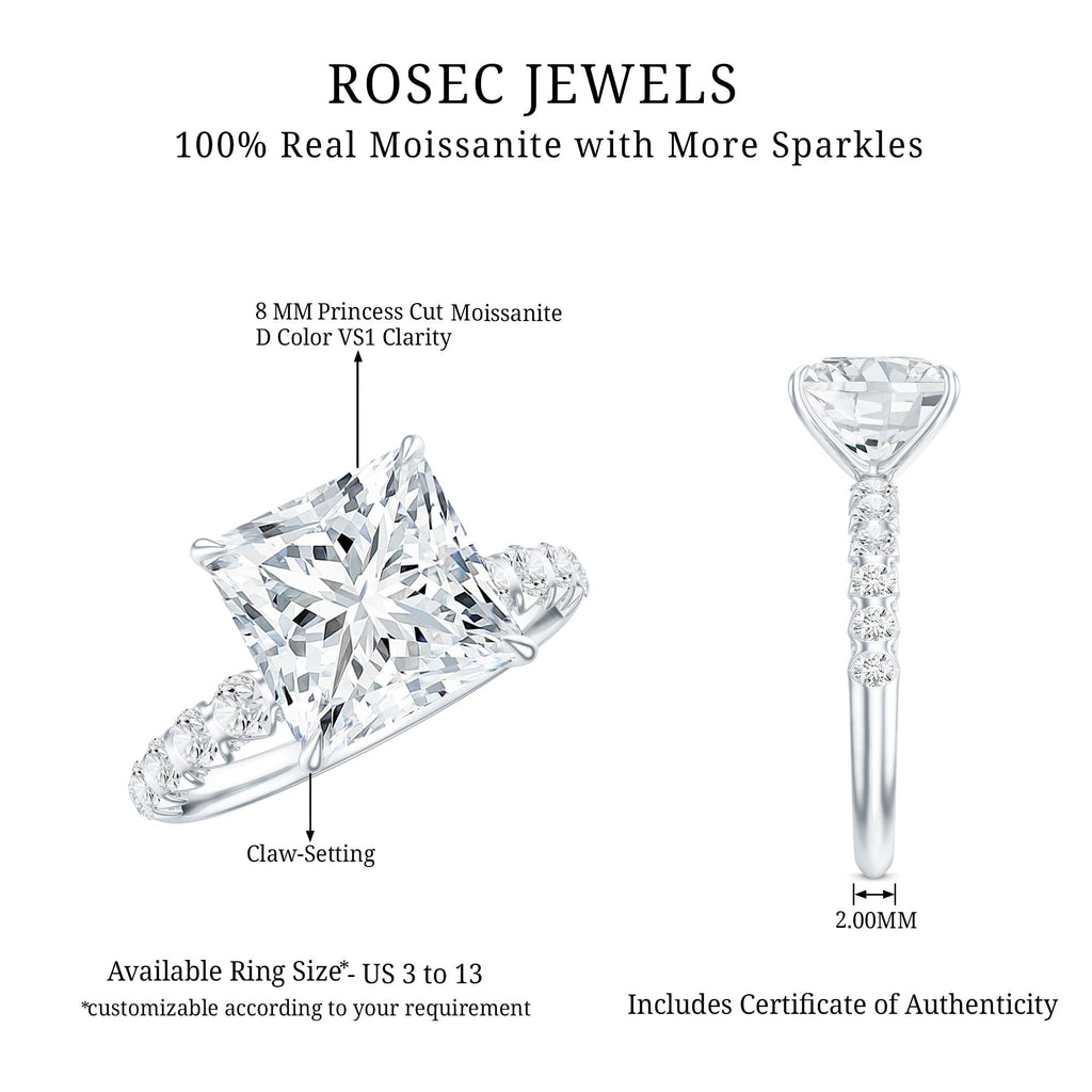 Certified 8 MM Moissanite Princess Cut Engagement Ring with Side Stones
