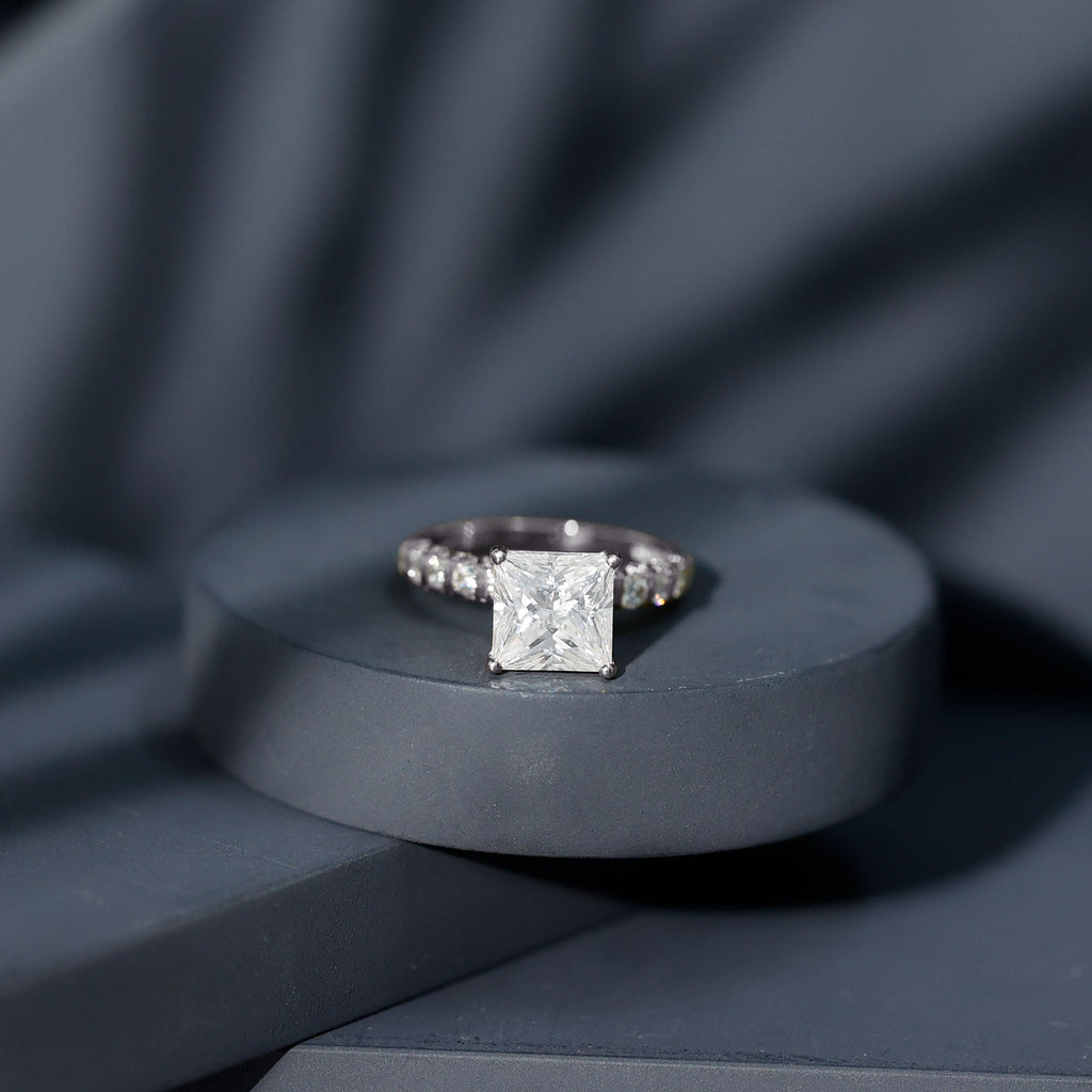 Certified 8 MM Moissanite Princess Cut Engagement Ring with Side Stones