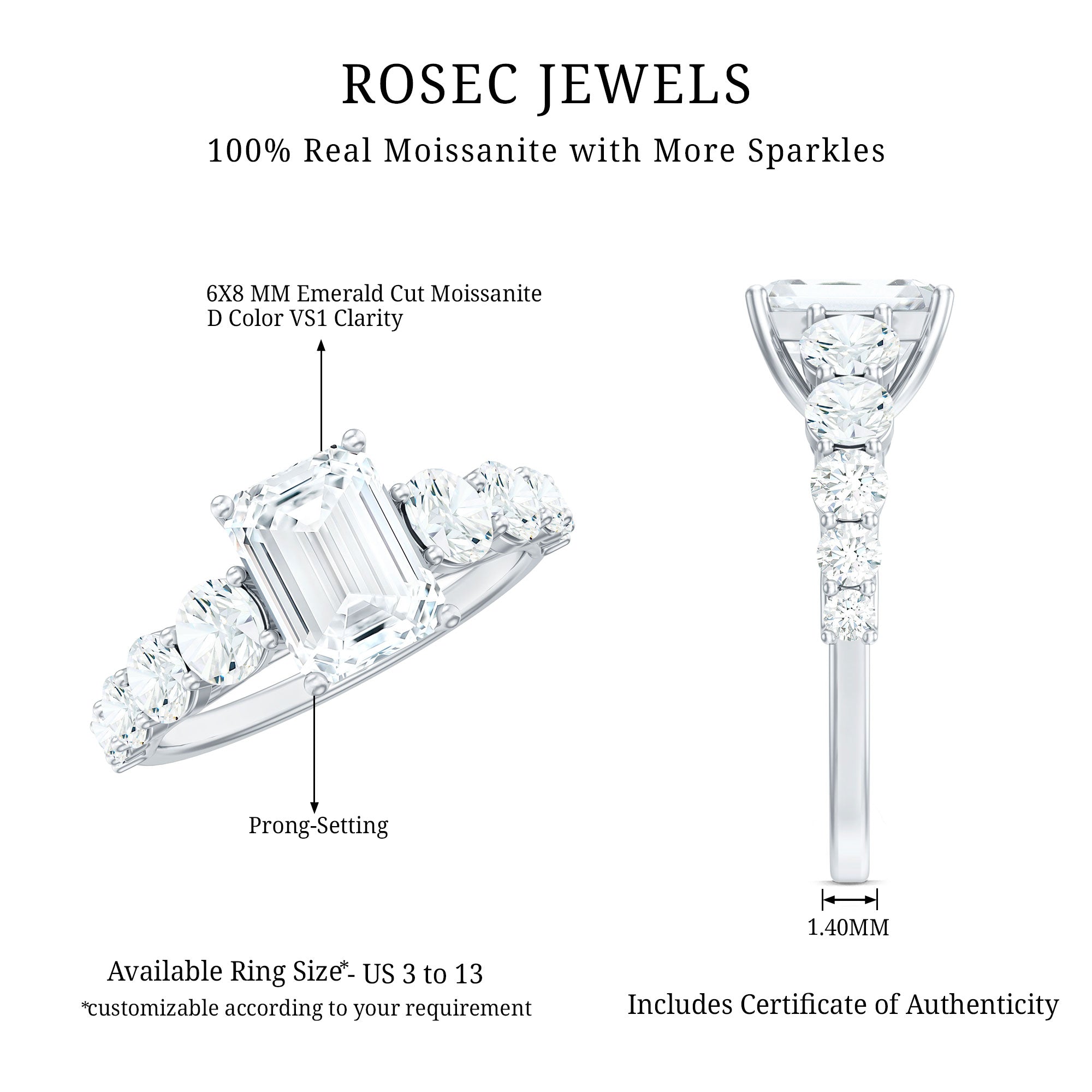 3.5 CT Octagon Cut Moissanite Solitaire Ring with Side Stones