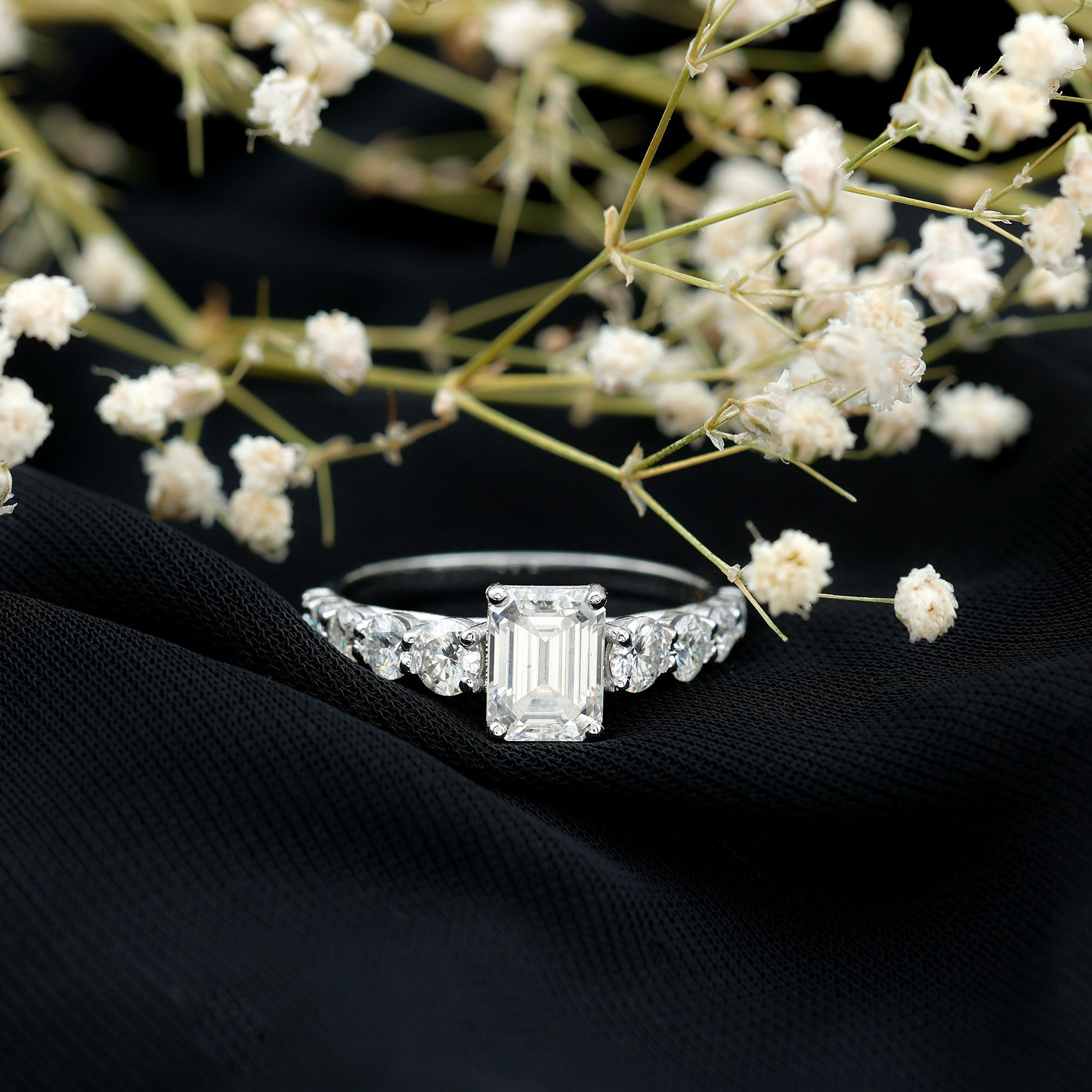 3.5 CT Octagon Cut Moissanite Solitaire Ring with Side Stones