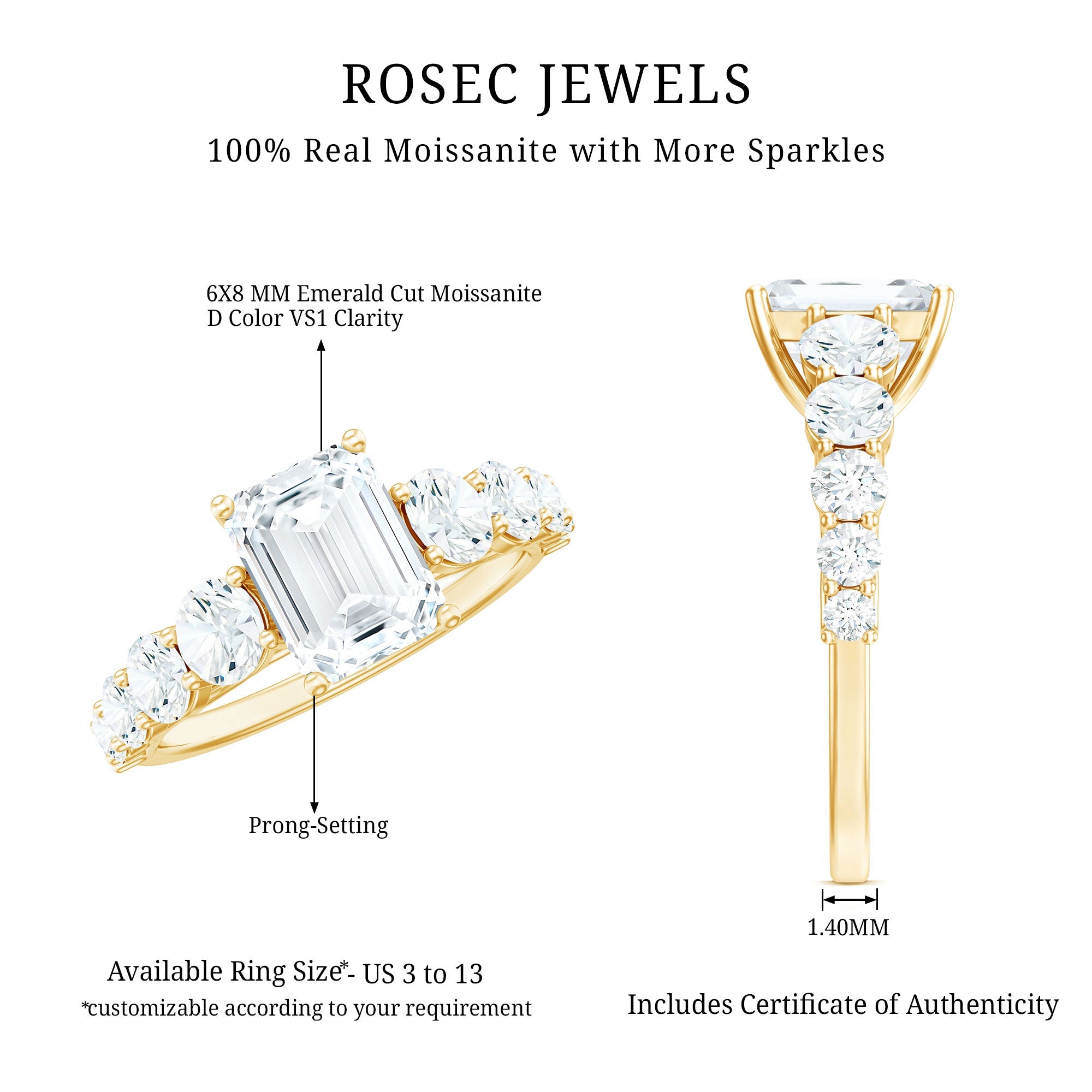 3.5 CT Octagon Cut Moissanite Solitaire Ring with Side Stones