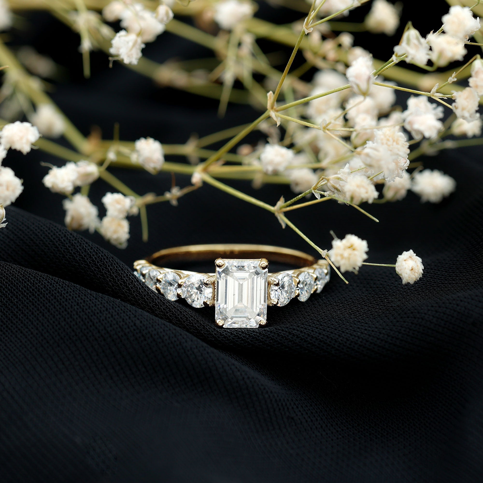 3.5 CT Octagon Cut Moissanite Solitaire Ring with Side Stones