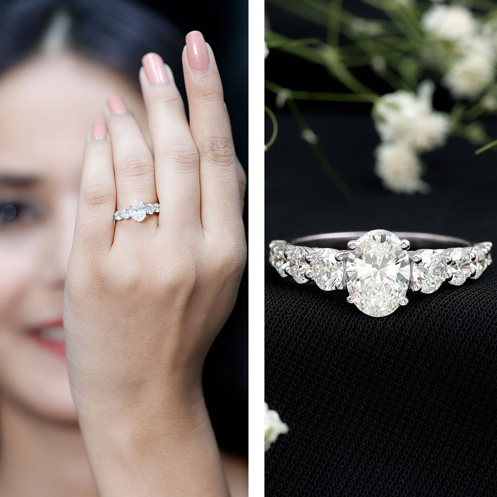3 CT Oval Cut Moissanite Side Stone Engagement Ring