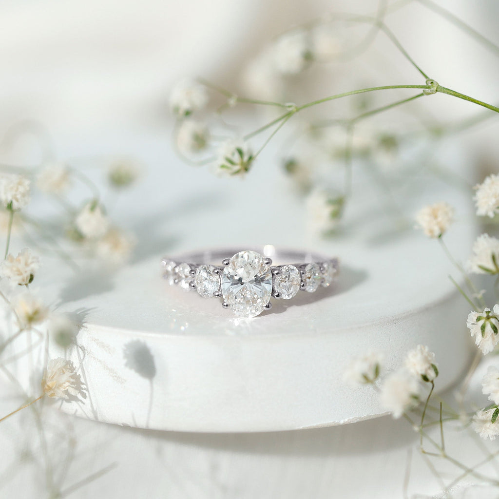 3 CT Oval Cut Moissanite Side Stone Engagement Ring