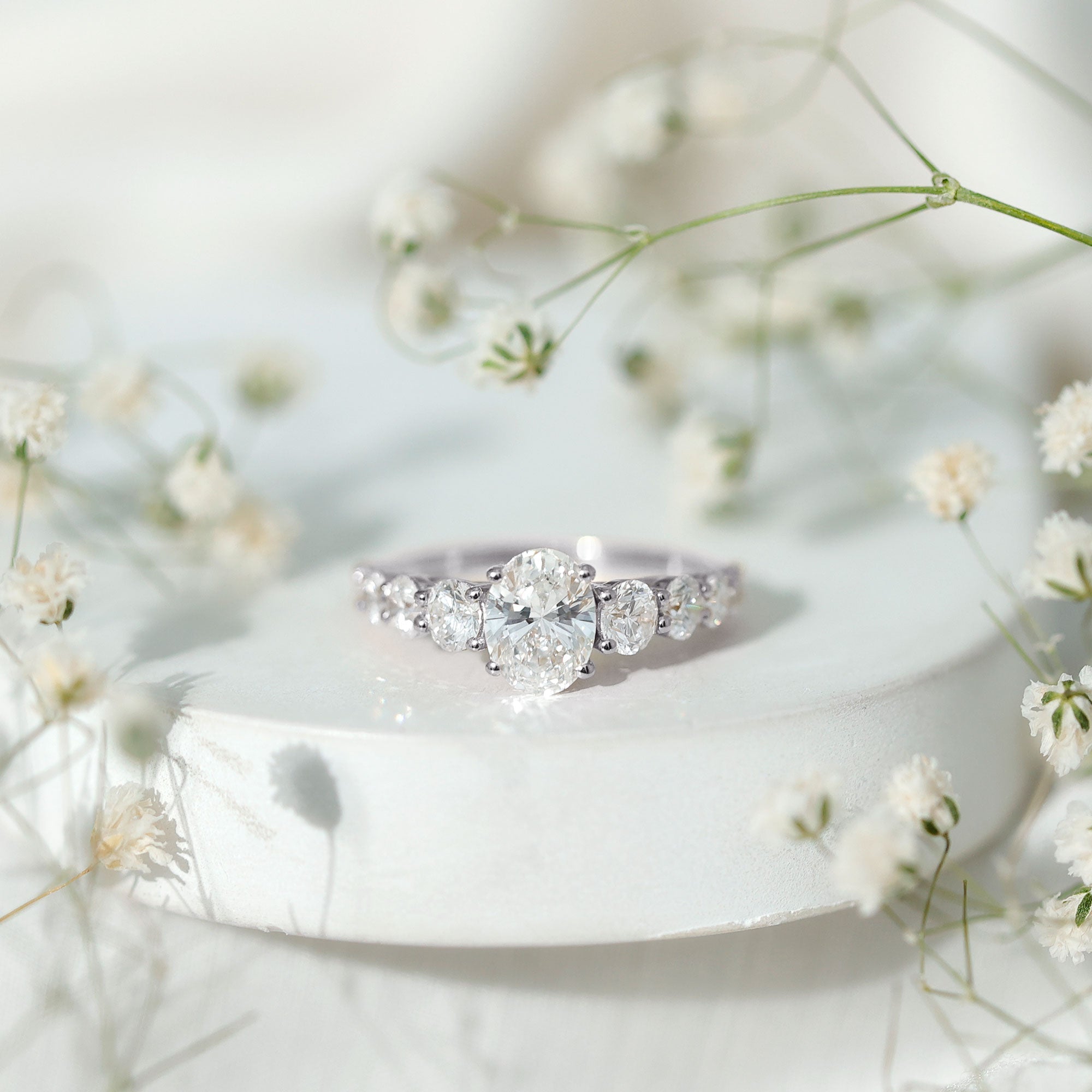 3 CT Oval Cut Moissanite Side Stone Engagement Ring