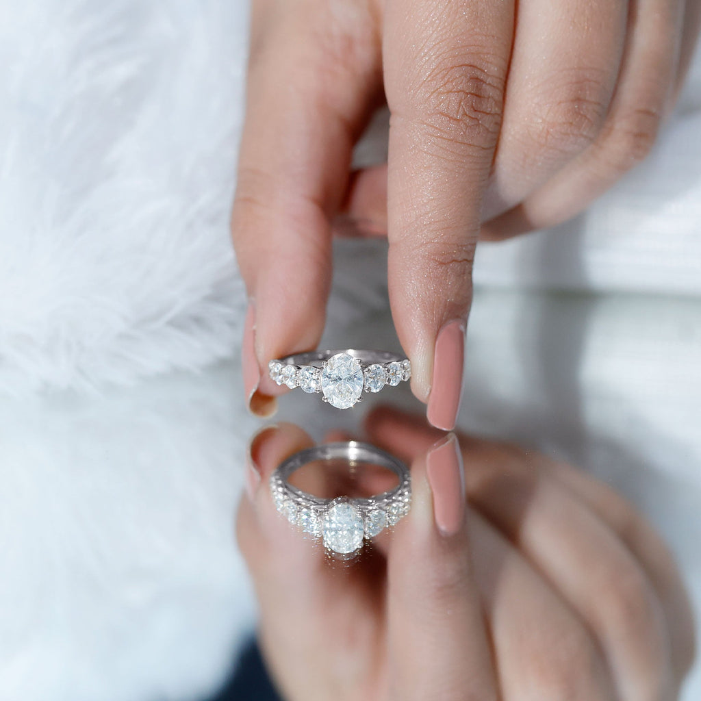3 CT Oval Cut Moissanite Side Stone Engagement Ring