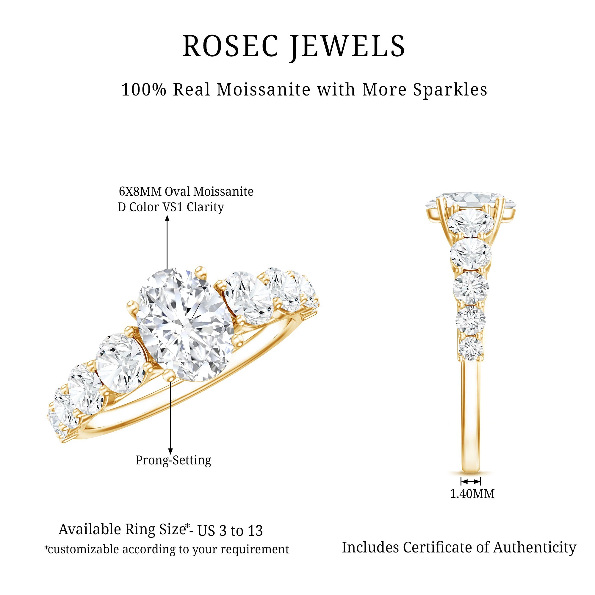 3 CT Oval Cut Moissanite Side Stone Engagement Ring
