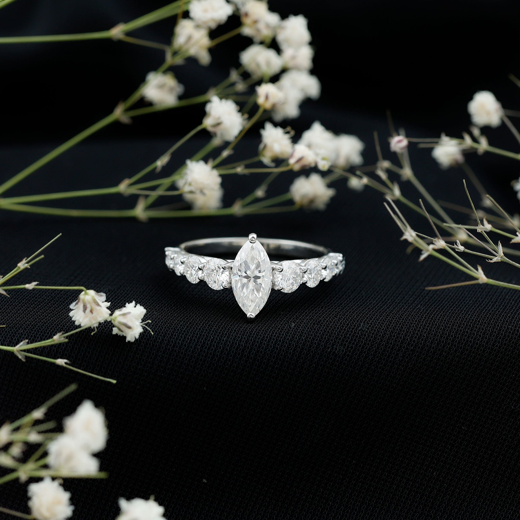 Marquise Moissanite Engagement Ring With Side Stones