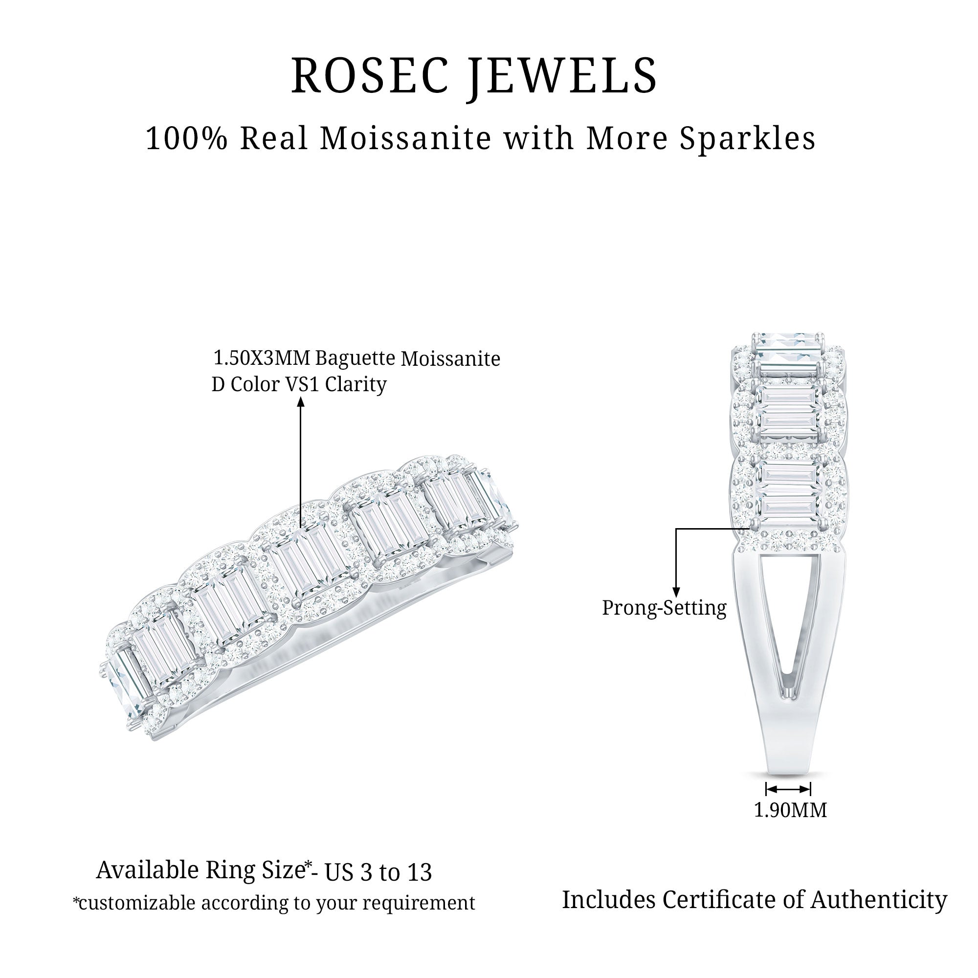 Designer Baguette Moissanite Half Eternity Band Ring