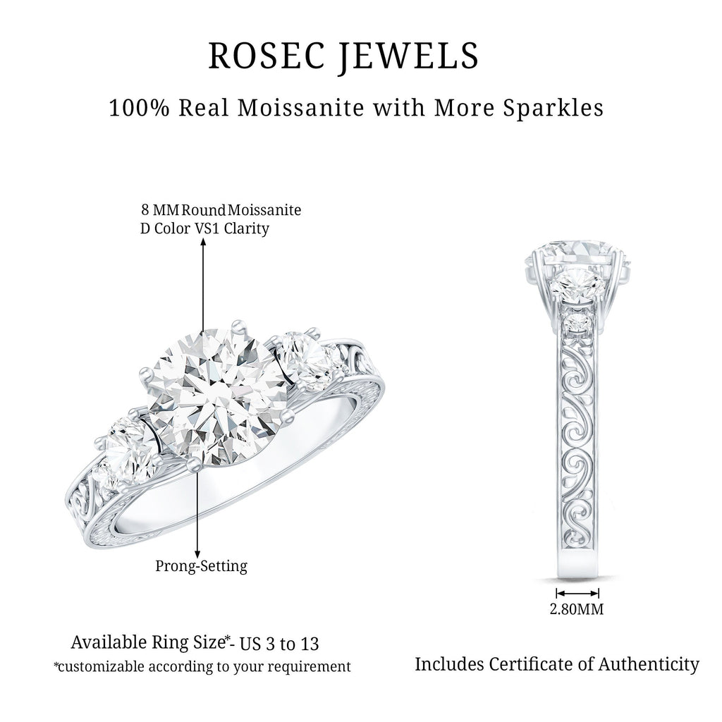 Art Deco Style Certified Moissanite Three Stone Engagement Ring