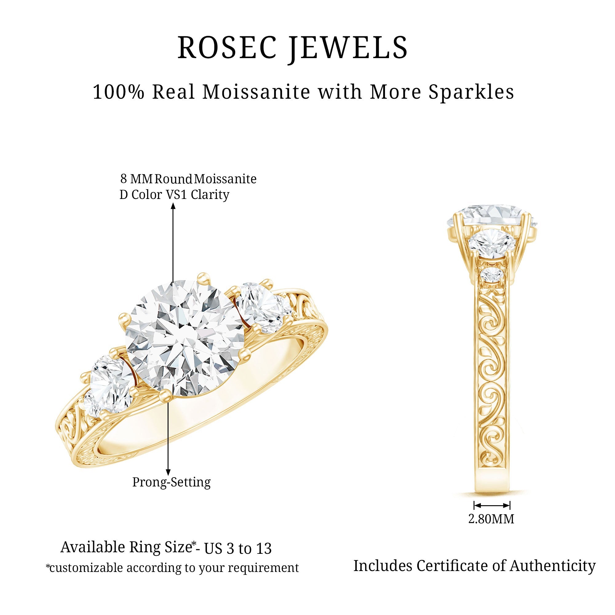Art Deco Style Certified Moissanite Three Stone Engagement Ring