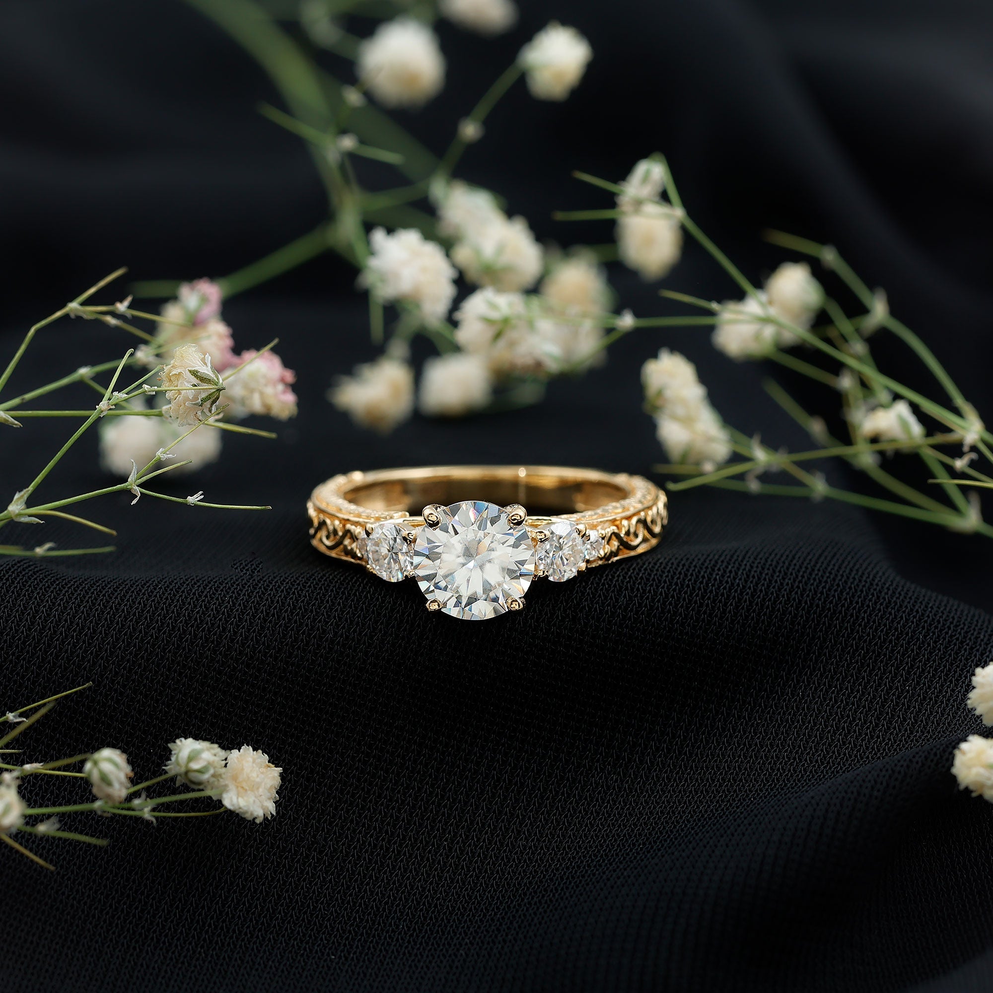Art Deco Style Certified Moissanite Three Stone Engagement Ring