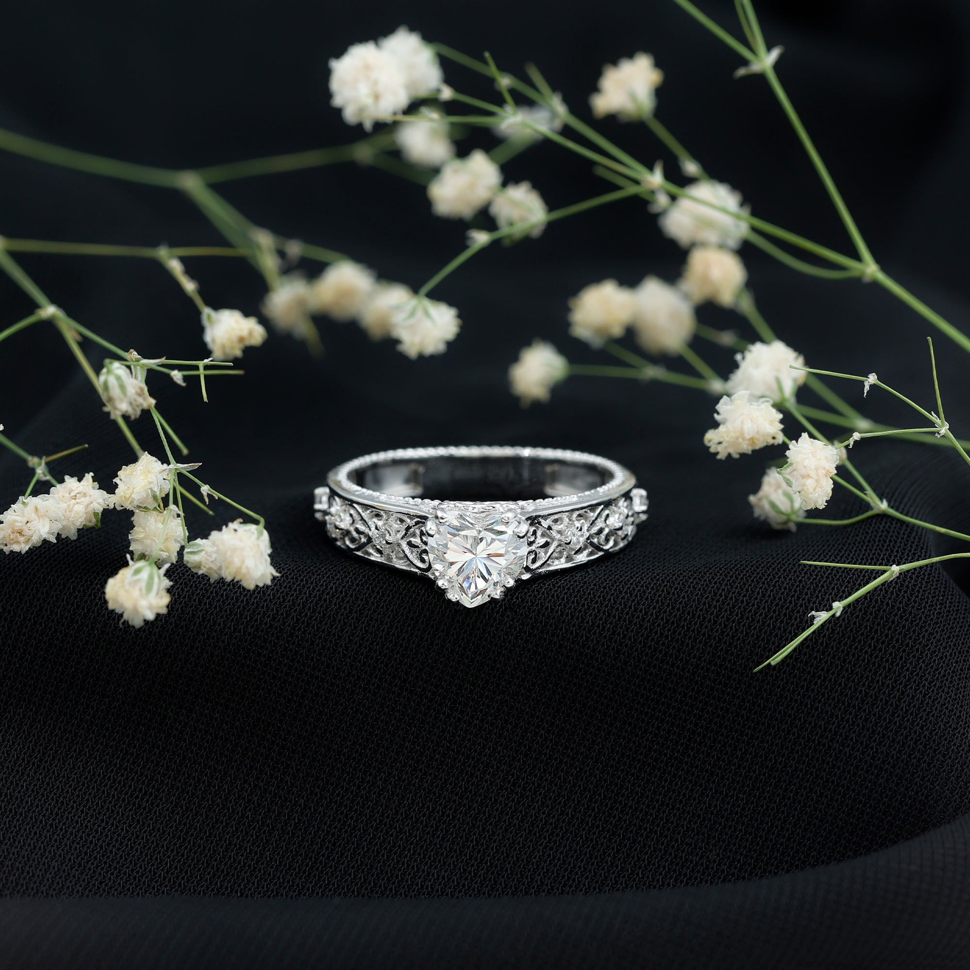 Heart Shape Moissanite Filigree Style Engagement Rings