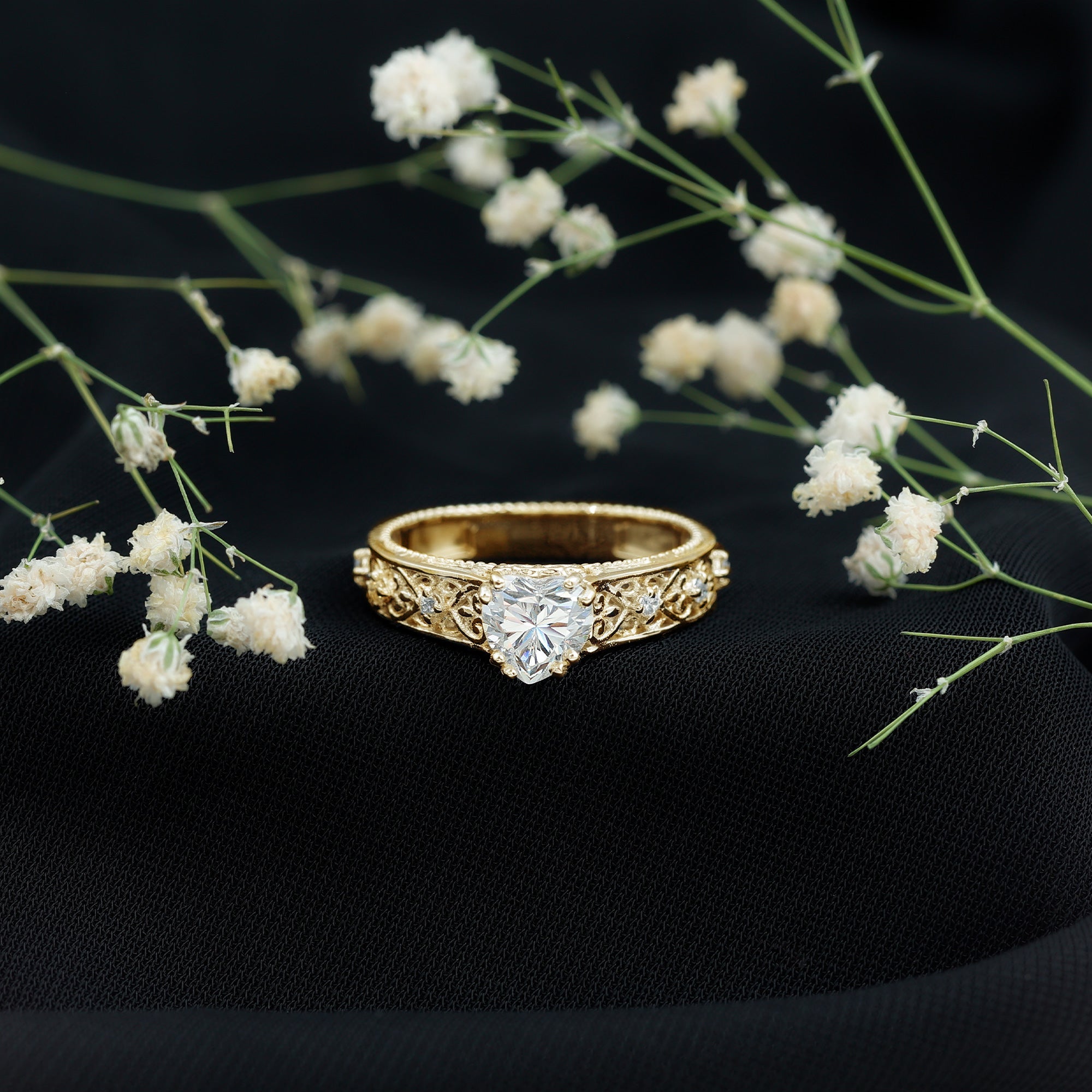 Heart Shape Moissanite Filigree Style Engagement Rings