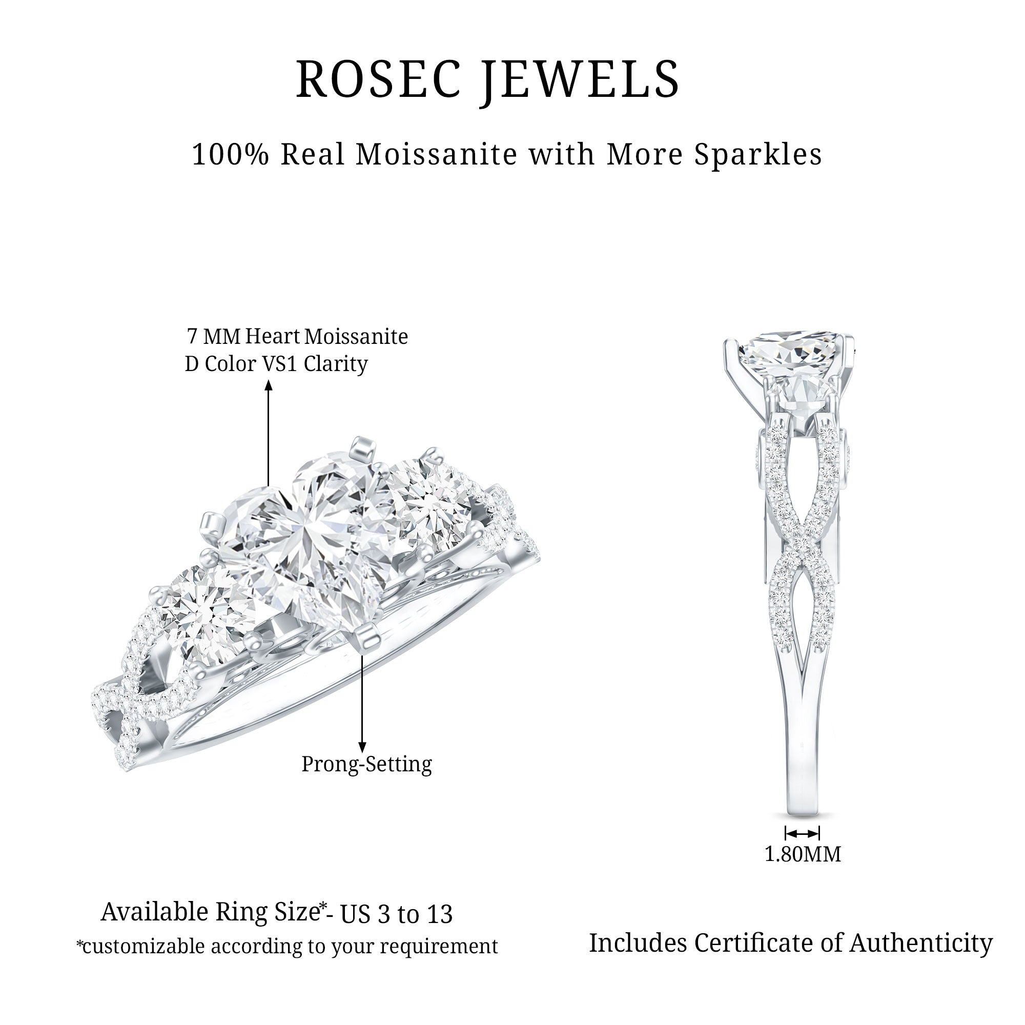 Heart Moissanite 3 Stone Engagement Ring in Crossover Band